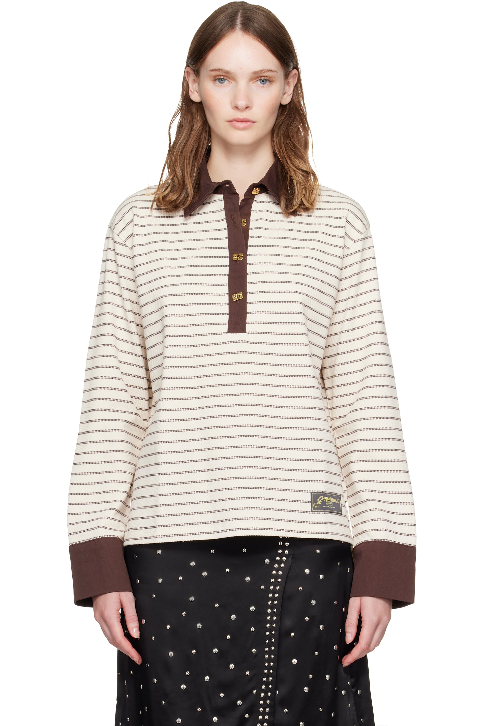 GANNI - Beige Stripe Polo