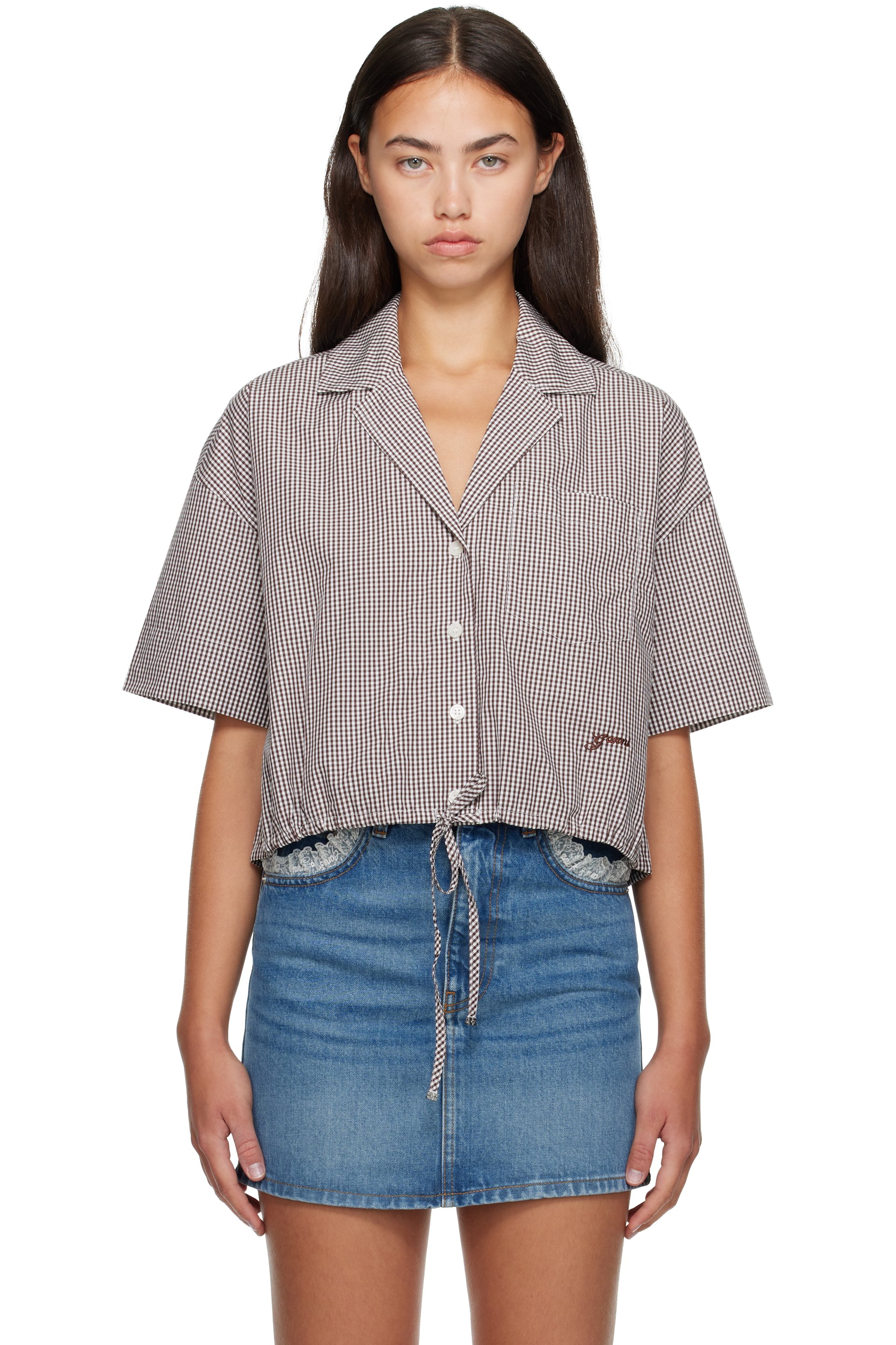 GANNI - Brown Check Cotton Cropped Bowling Shirt