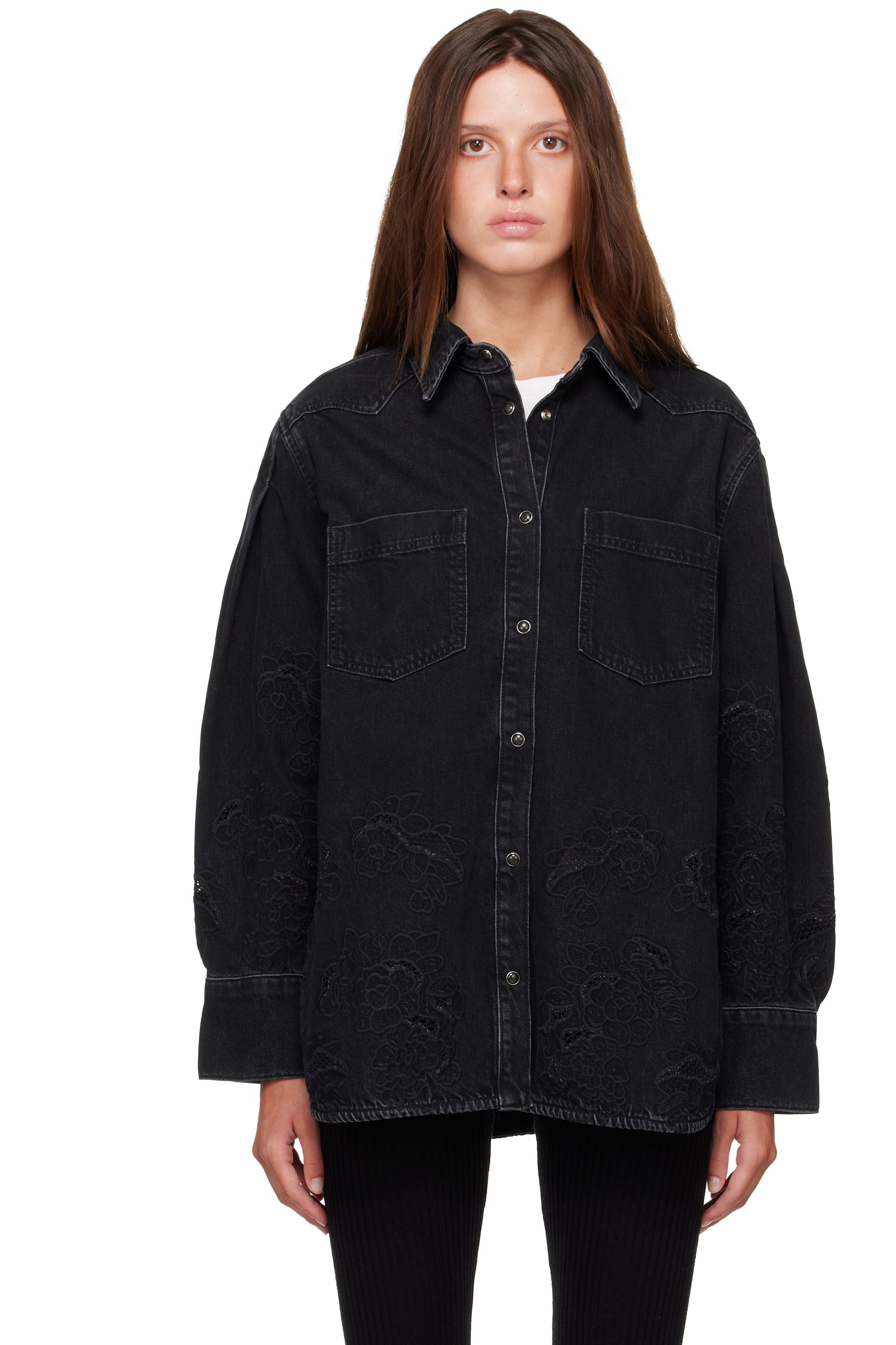 GANNI - Black Broderie Anglaise Denim Shirt