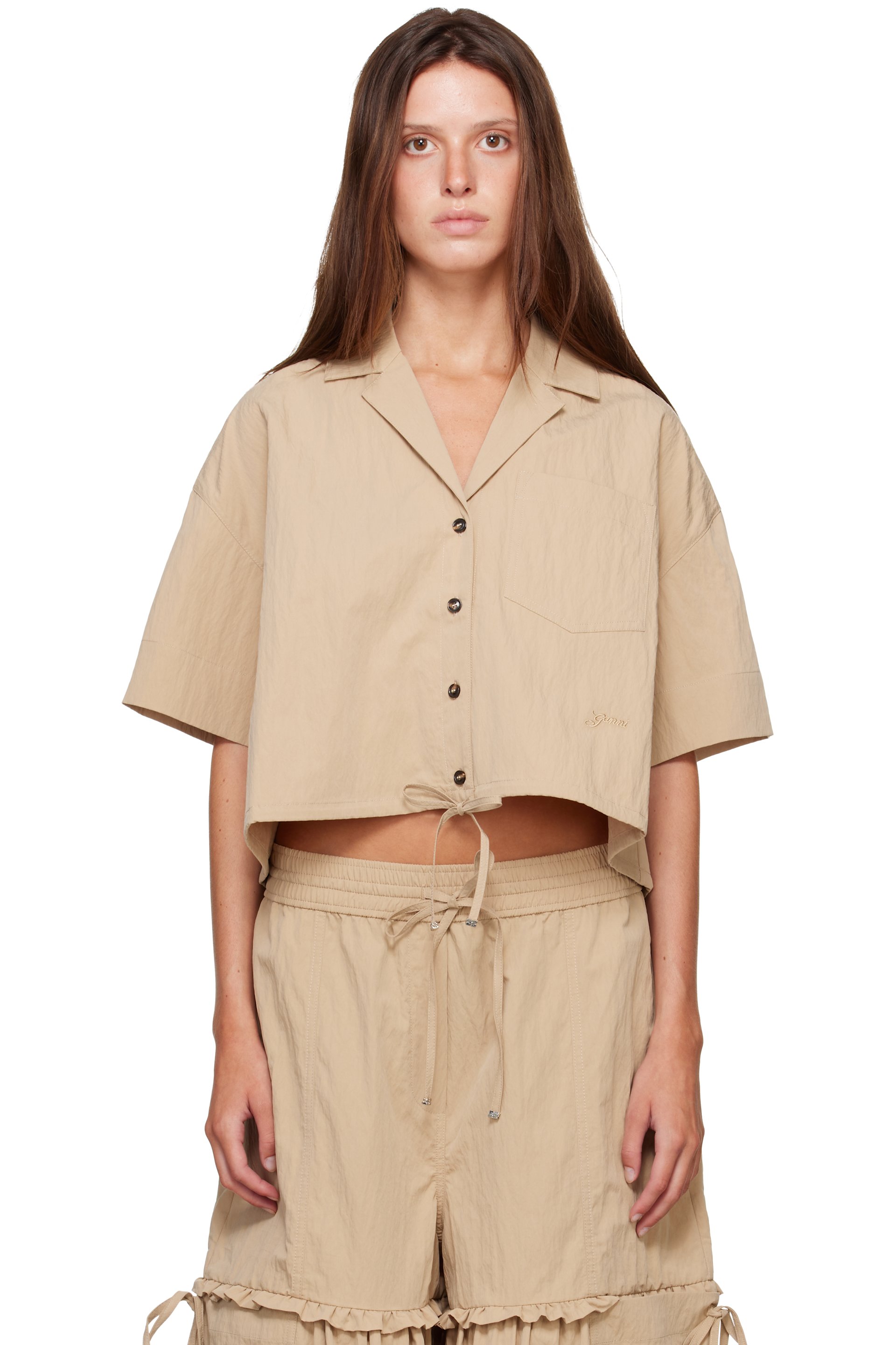 GANNI - Beige Washed Cotton Cropped Bowling Shirt
