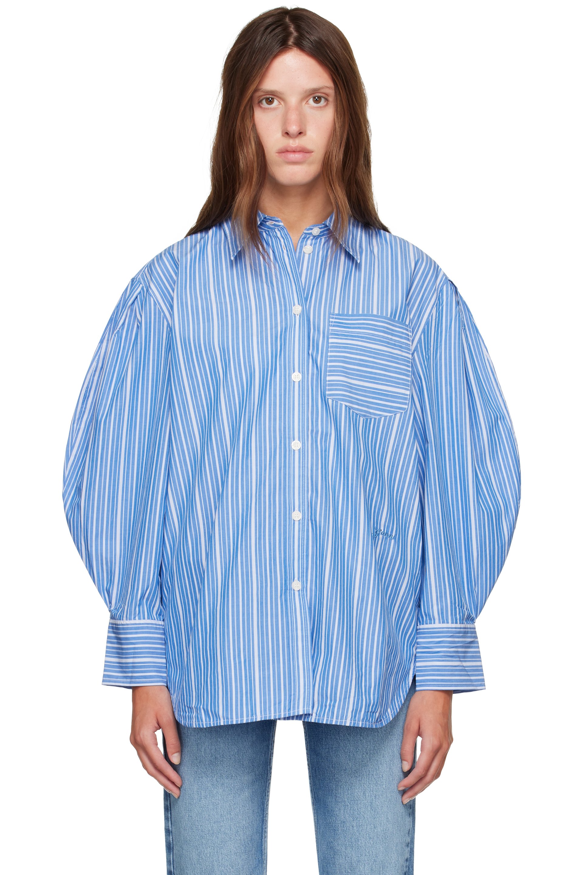 GANNI - Blue Striped Cotton Shirt