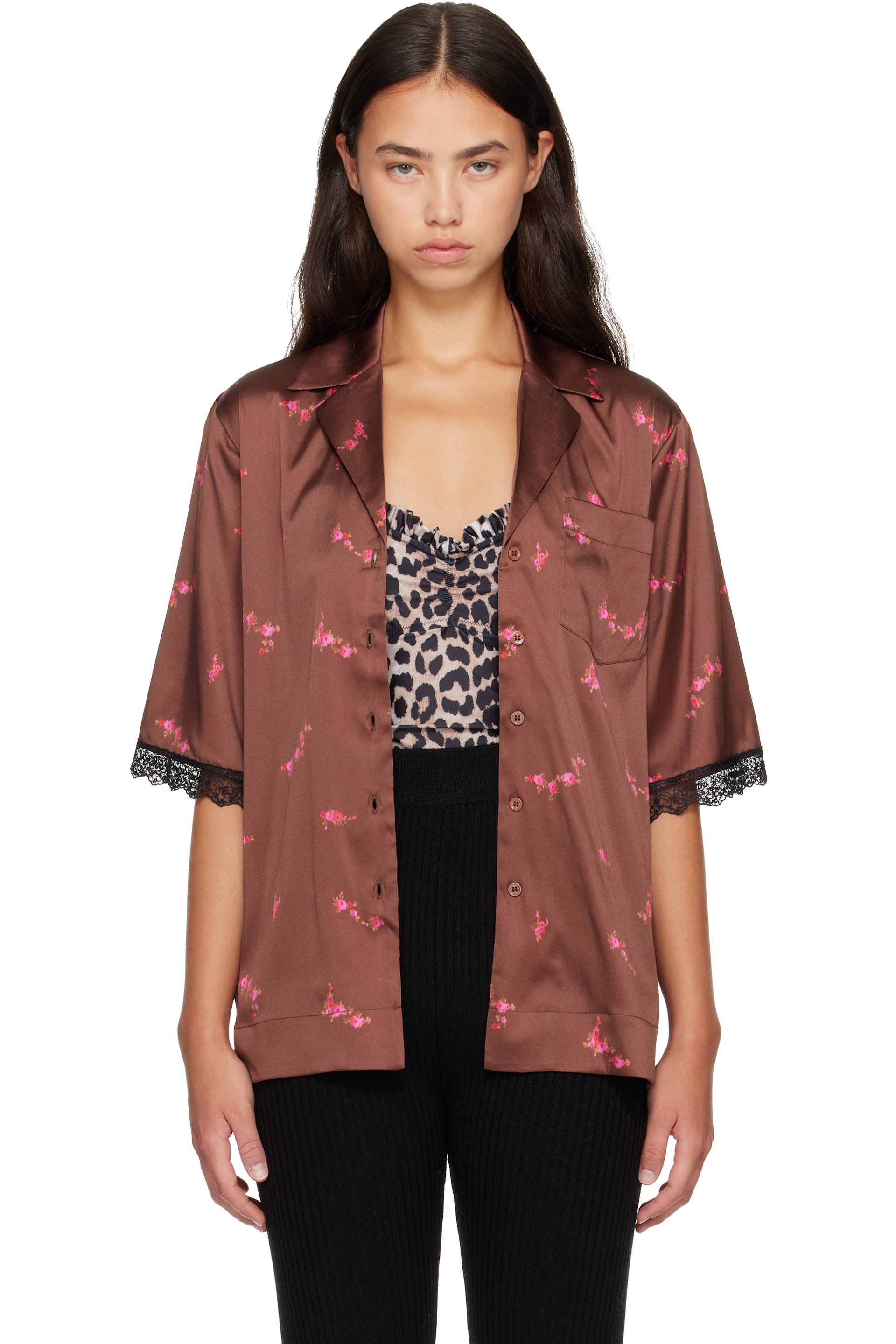 GANNI - Brown Printed Sandwashed Silk Satin Bowling Shirt