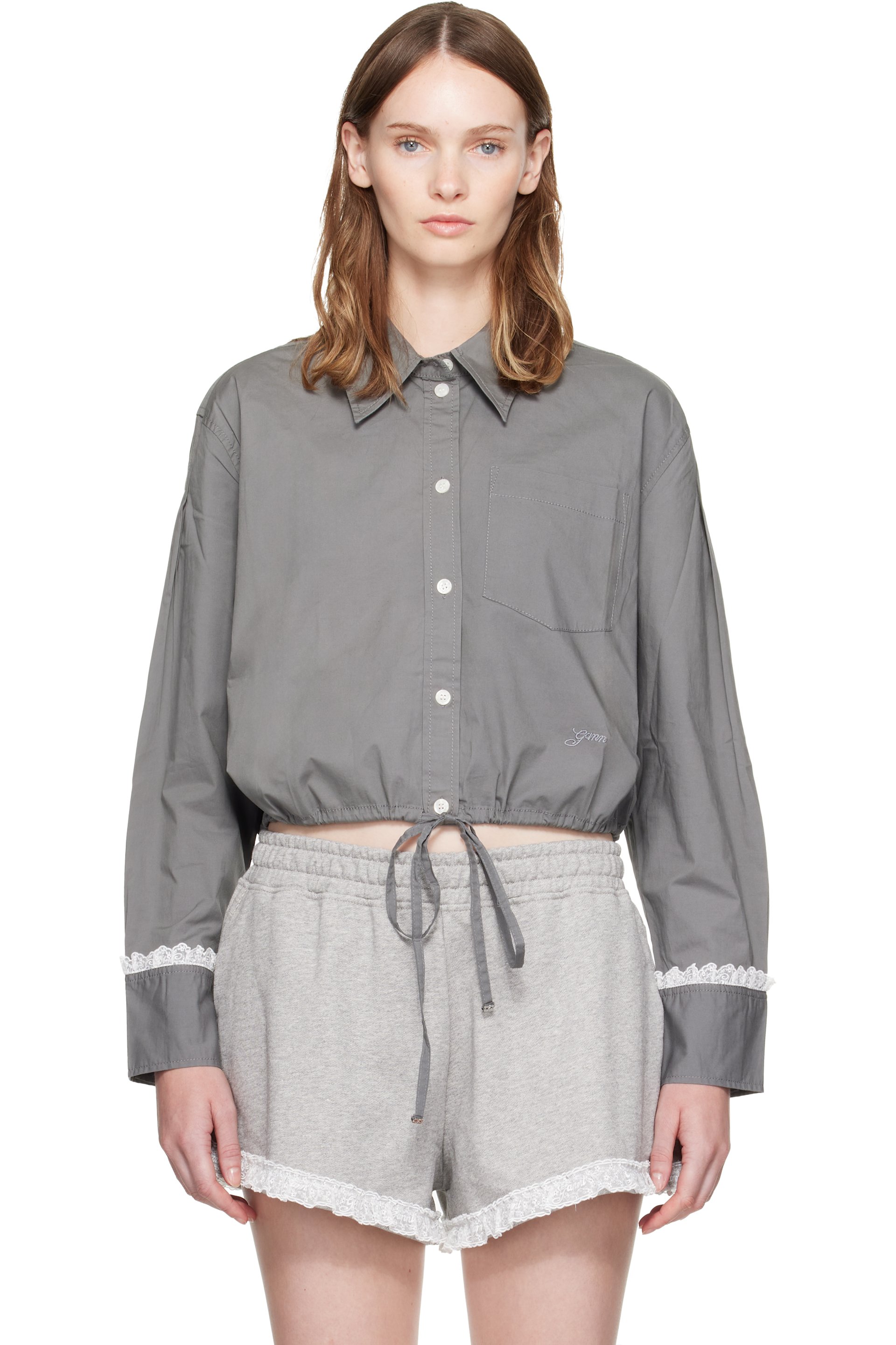 GANNI - Gray Stretch Cotton Cropped Bowling Shirt