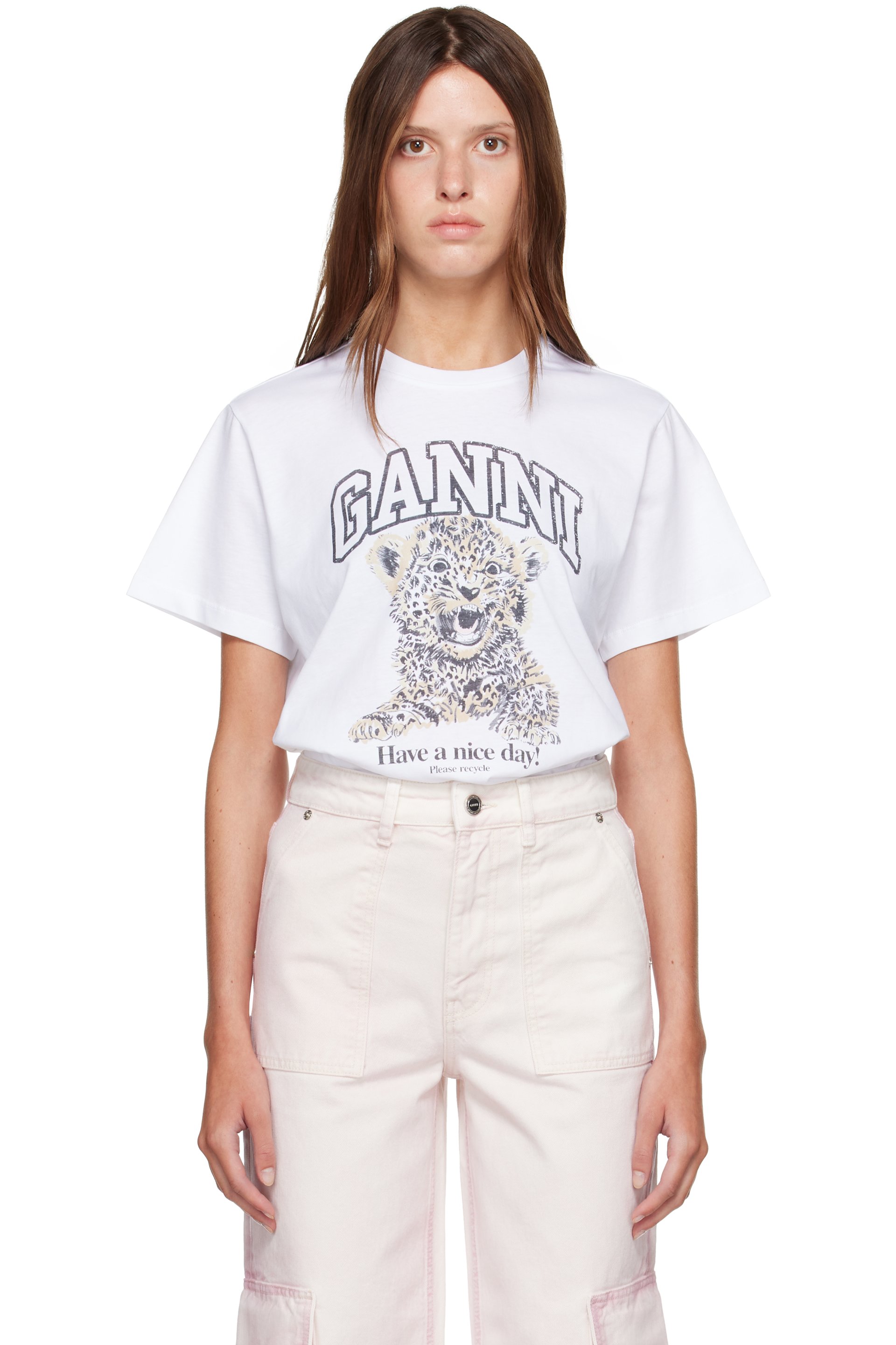 GANNI - White Basic Jersey Leopard Relaxed T-shirt