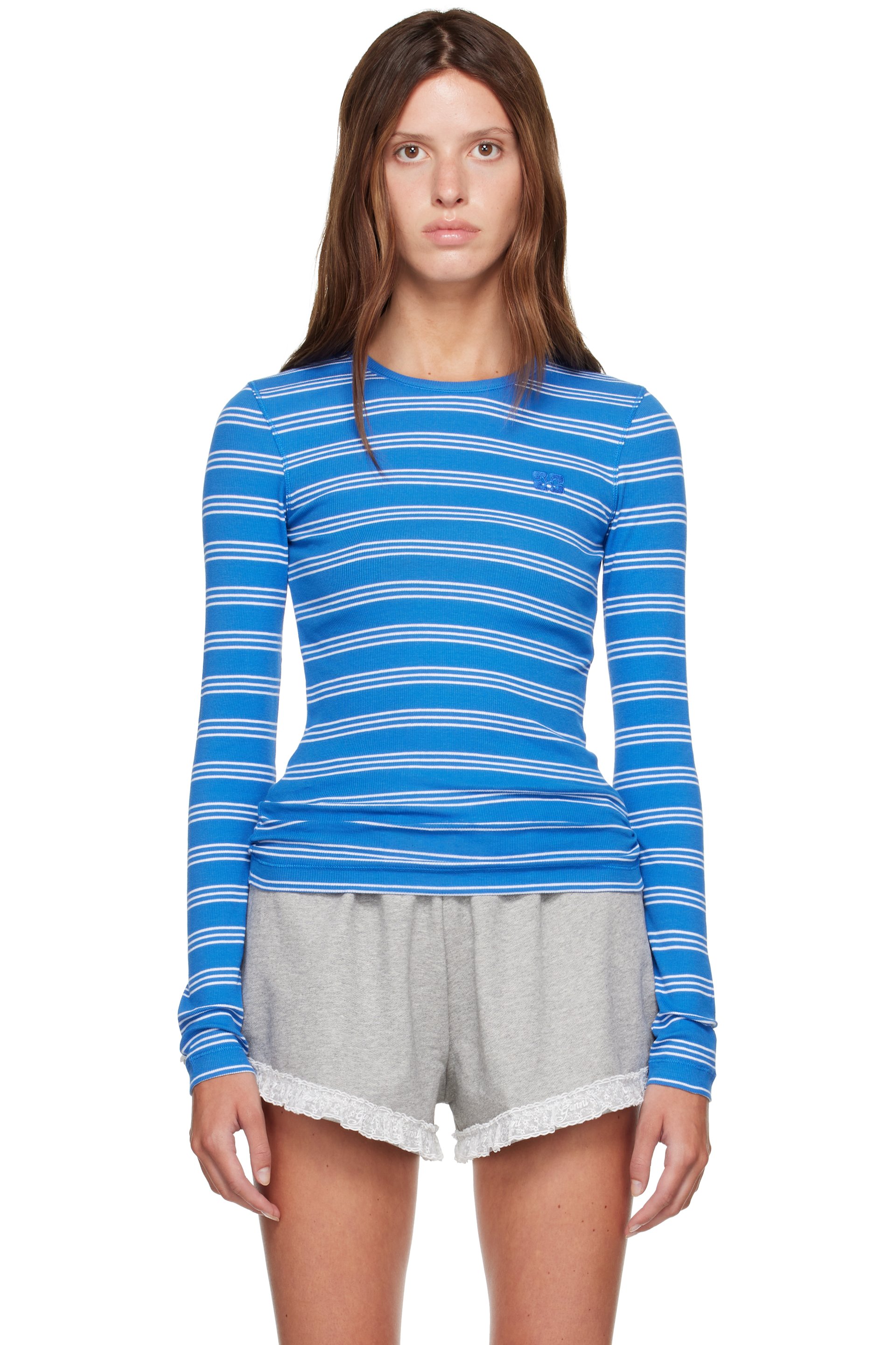 GANNI - Navy Long-Sleeve Stripes T-shirt