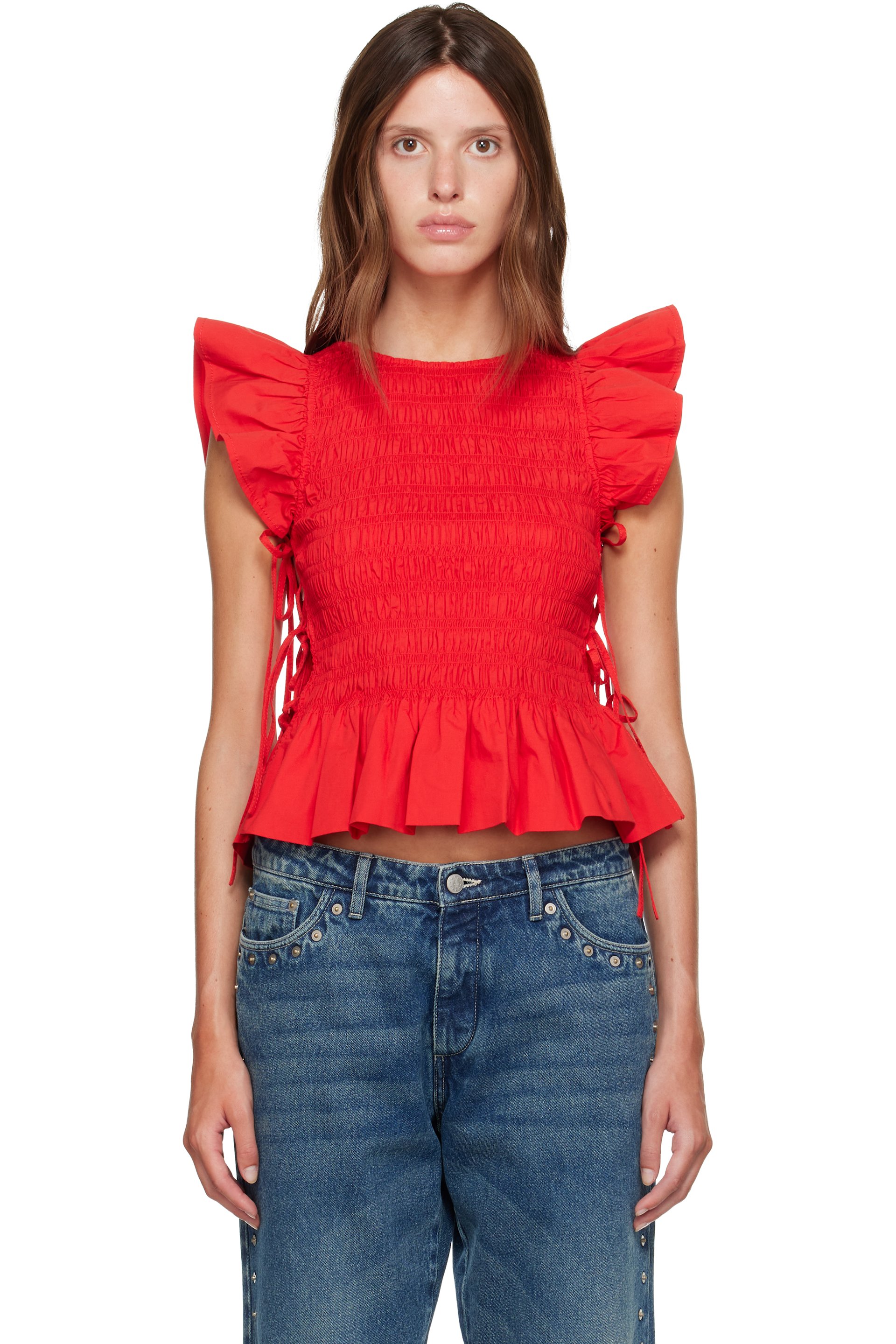 GANNI - Red Smocked Cotton Blouse