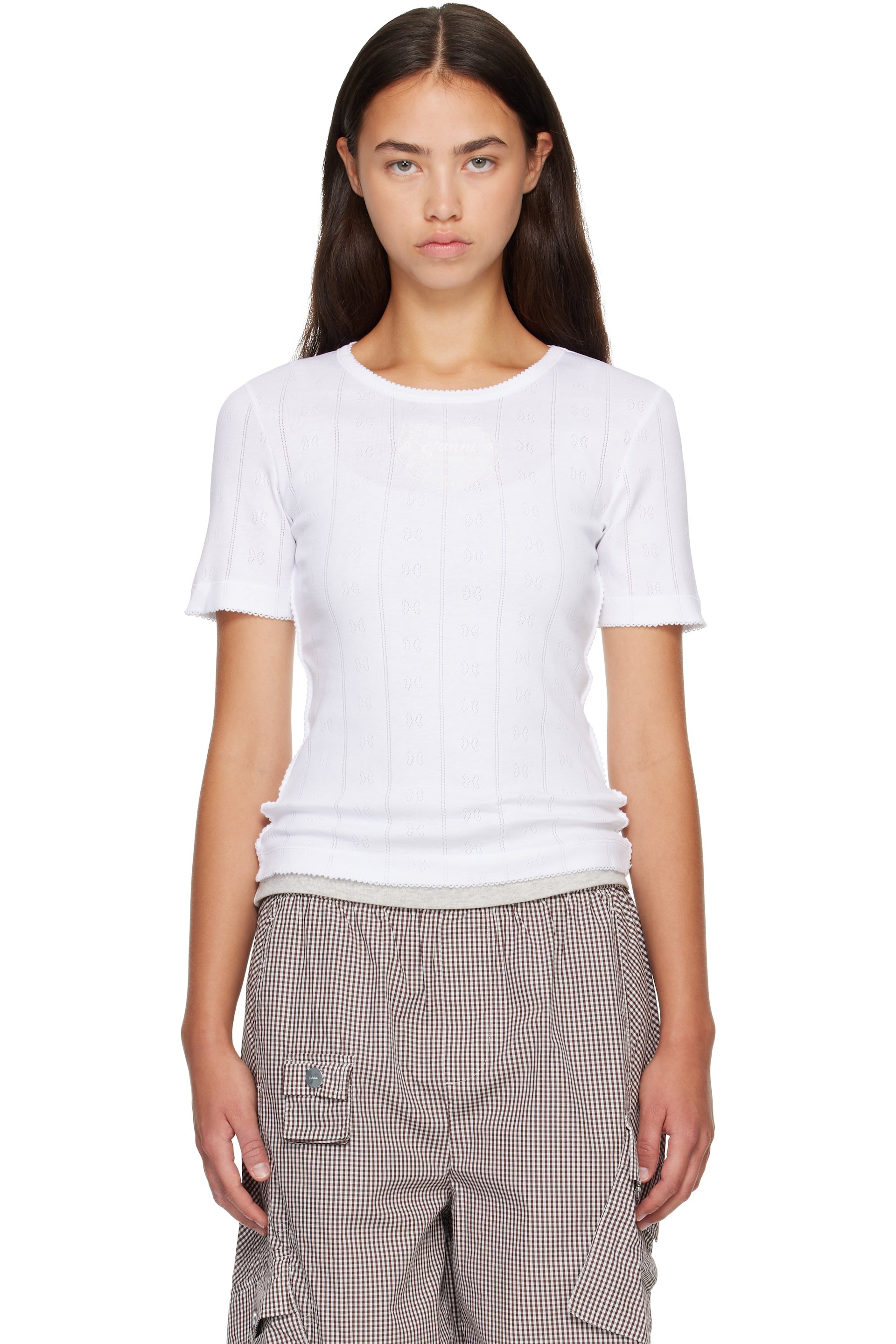 GANNI - White Pointelle Cotton T-shirt