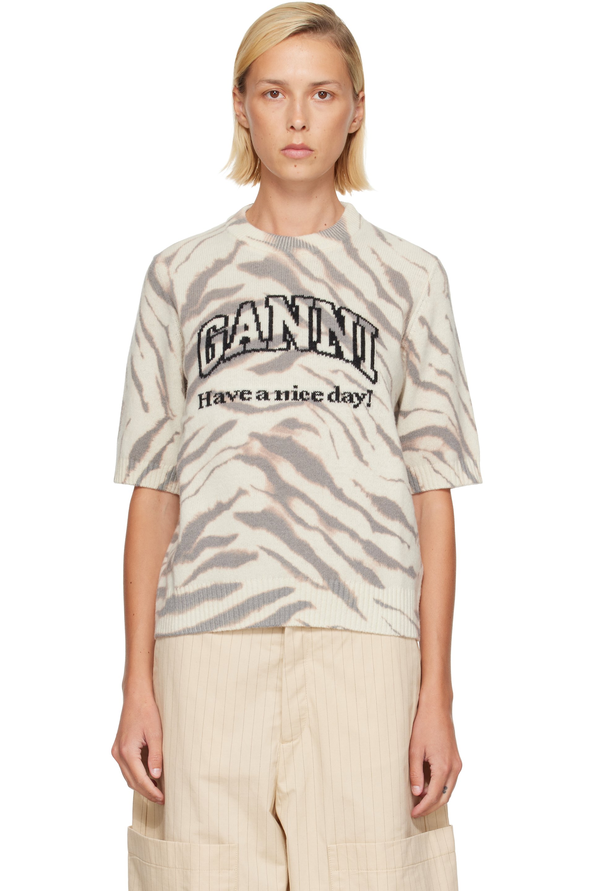 GANNI - 灰白色 Graphic Wool Printed T 恤