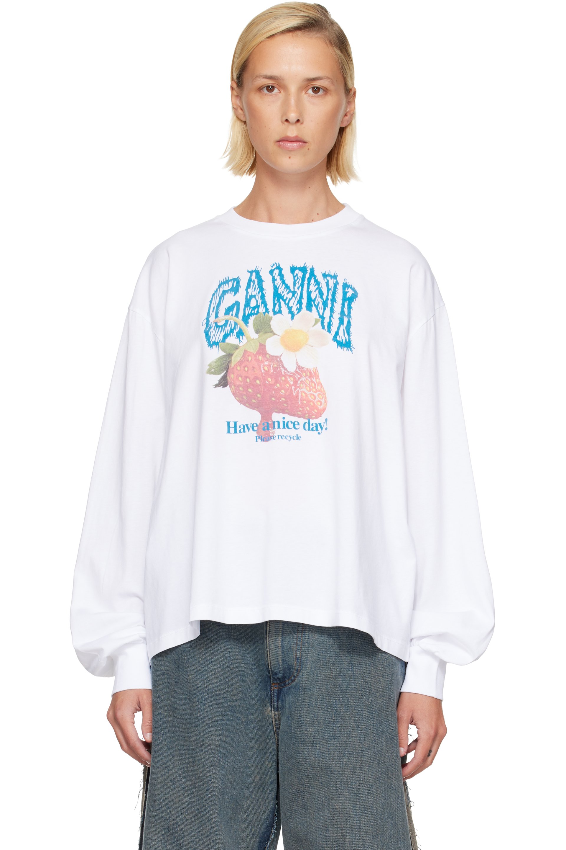 GANNI - White Long Sleeve Strawberry T-shirt