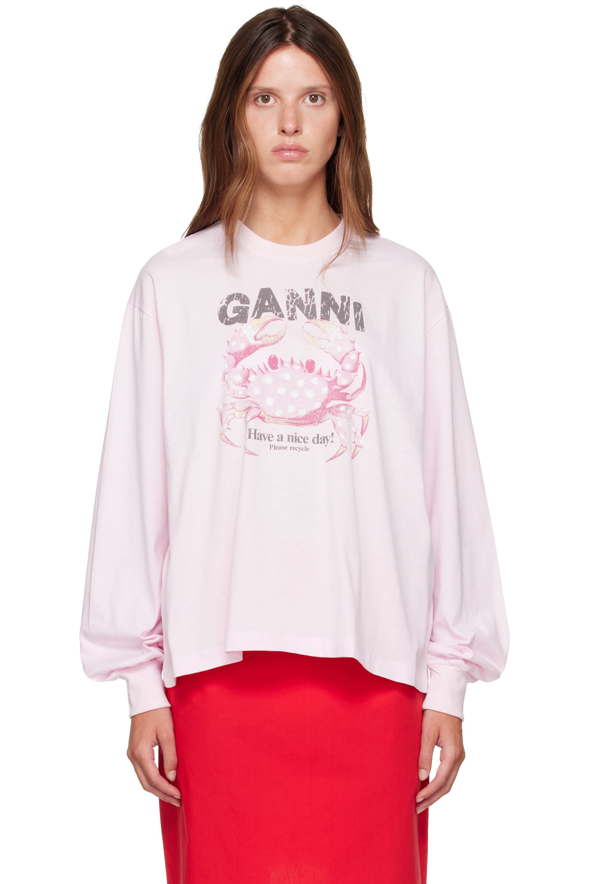 GANNI - 粉色 Basic Cotton Jersey Longsleeve Crab T 恤