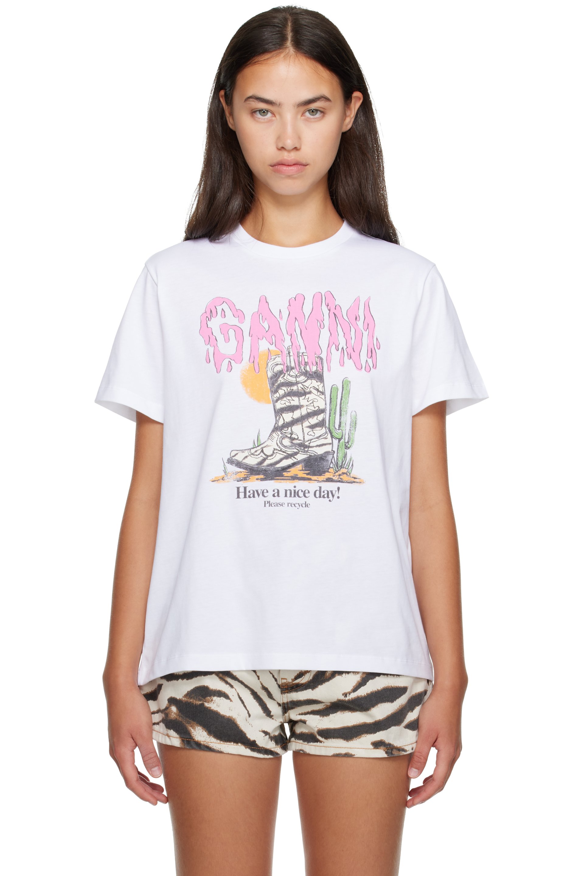 GANNI - White Basic Cotton Western Zebra Boot T-shirt