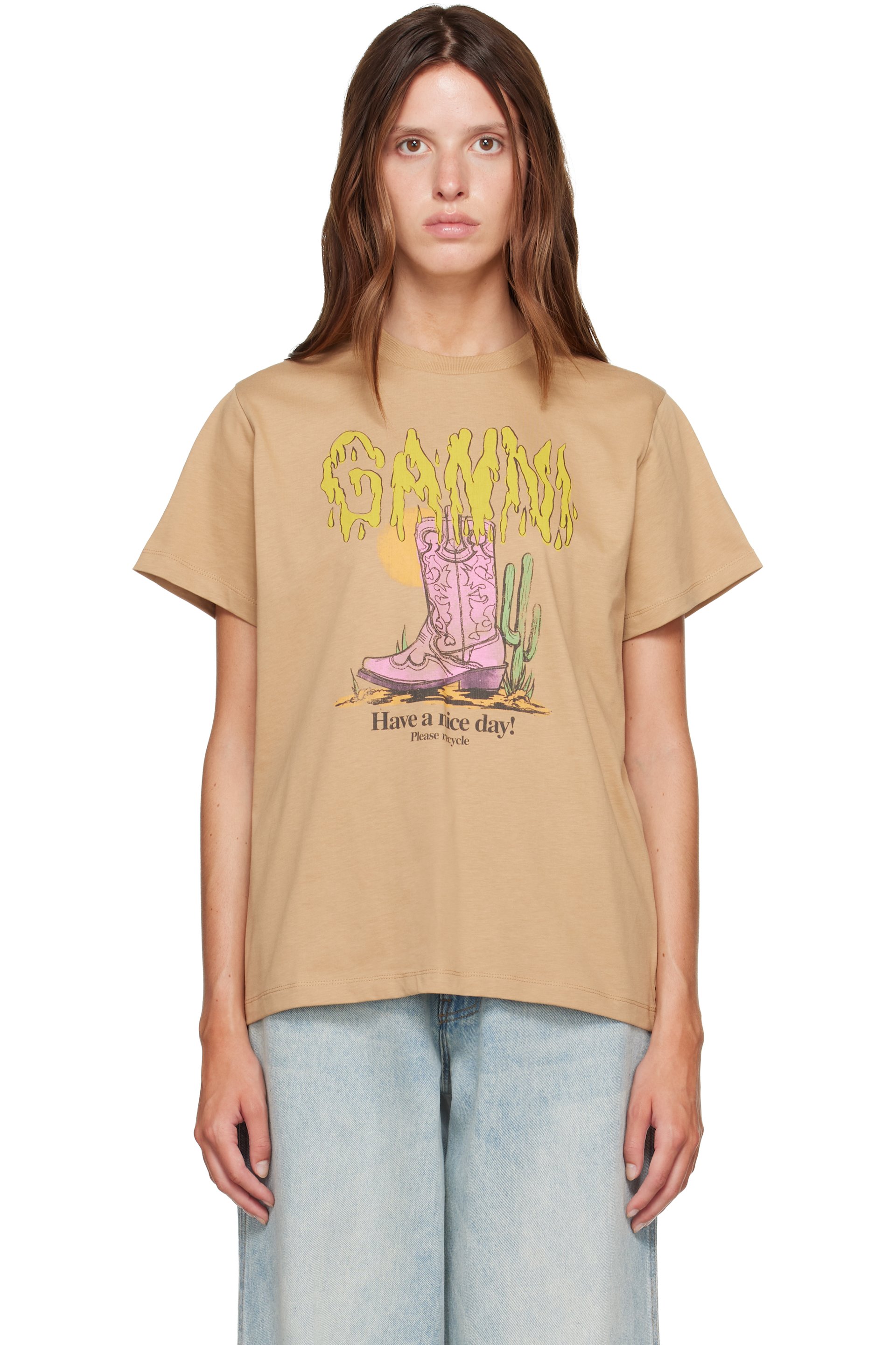 GANNI - Beige Basic Cotton Jersey Western Boot T-shirt