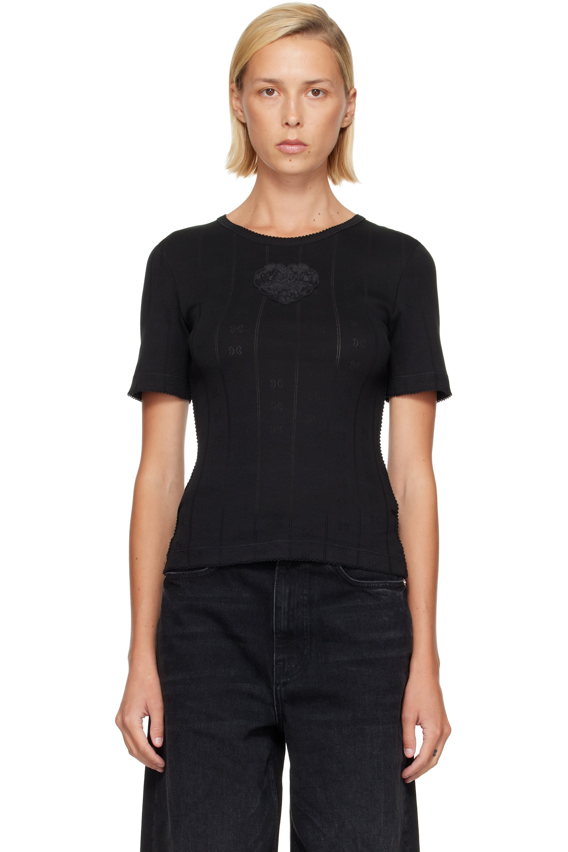 GANNI - Black Pointelle Rib T-shirt