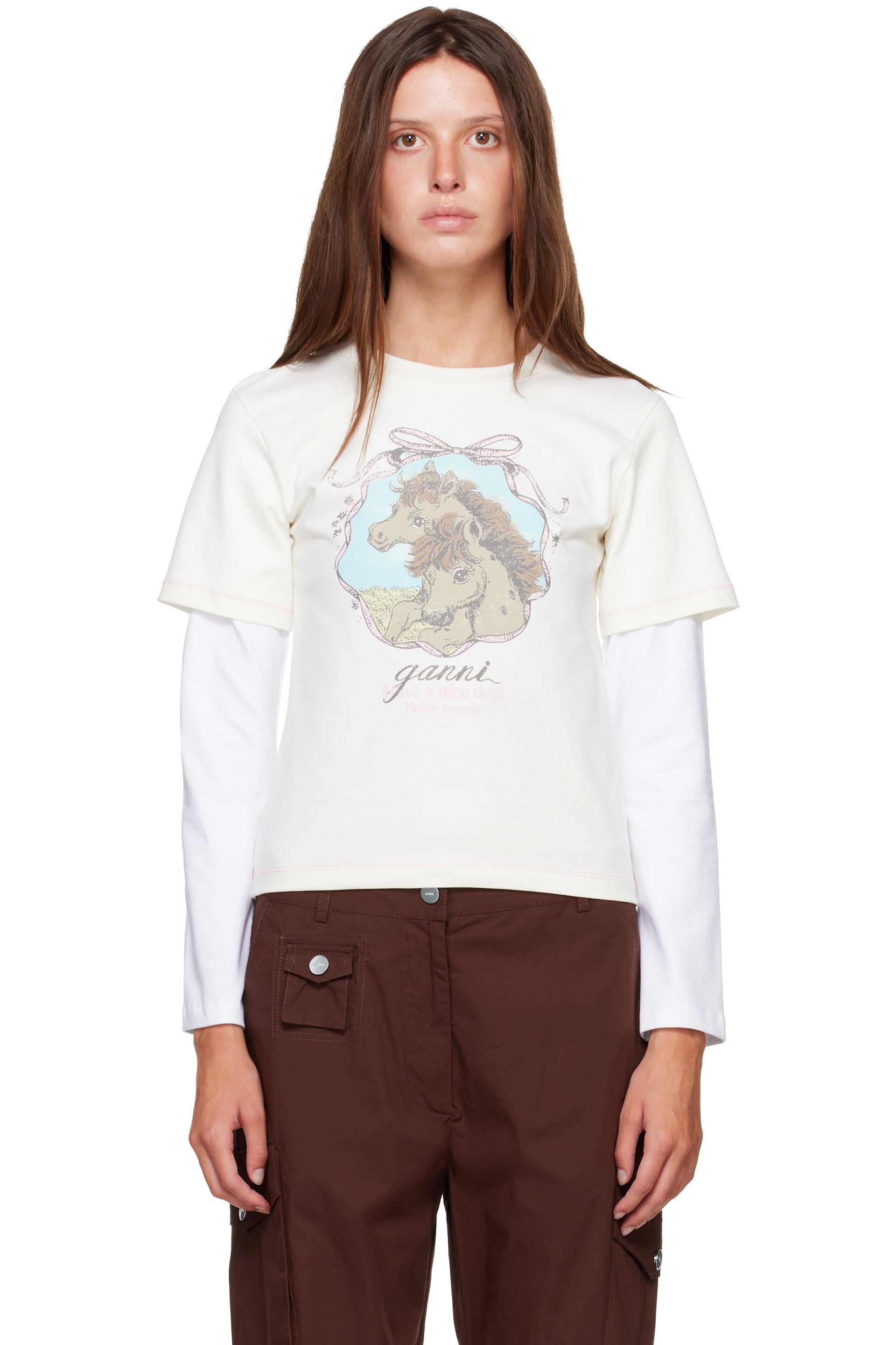 GANNI - Off-White Heavy Stretch Cotton Layered Baby Fit T-shirt