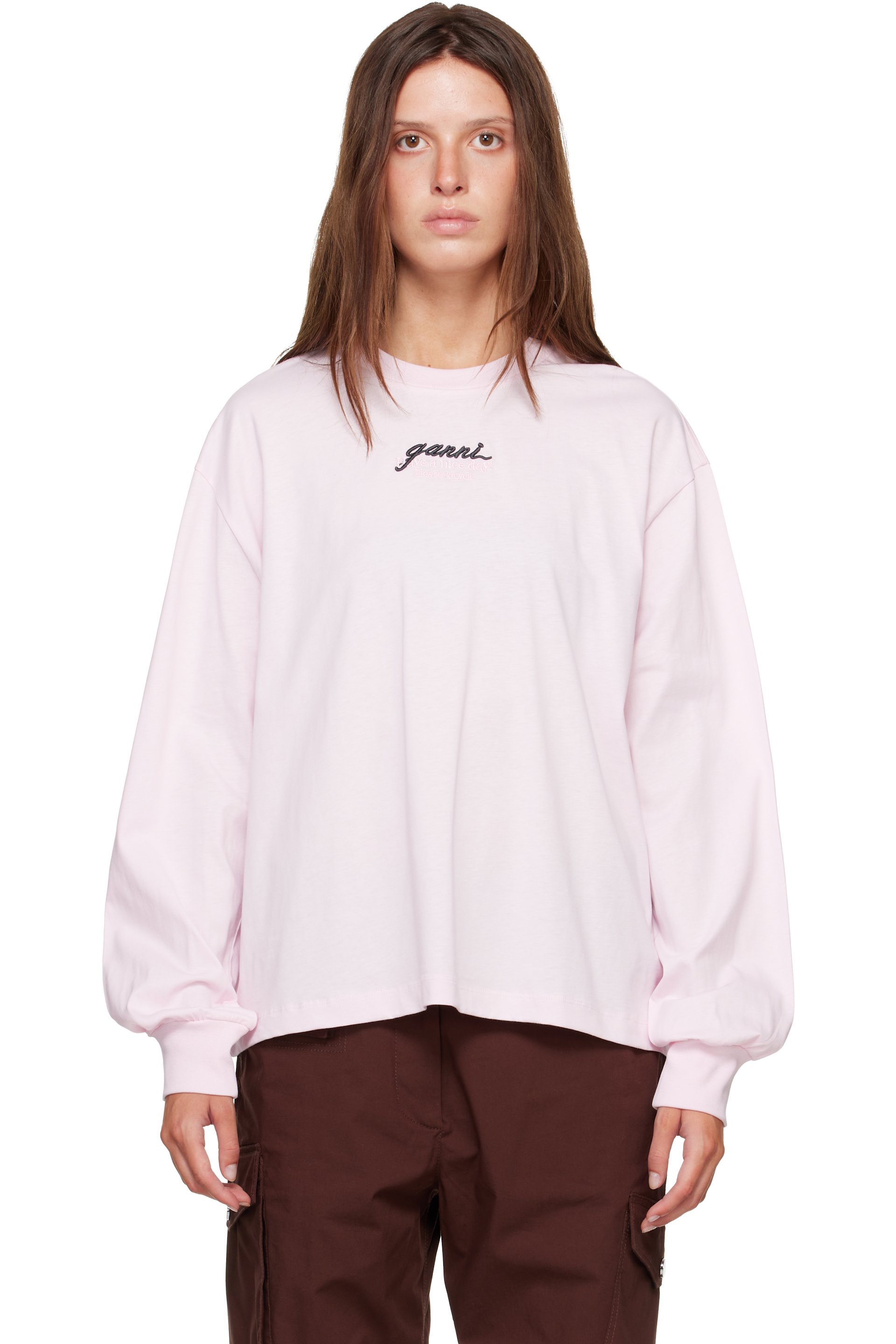 GANNI - Pink Qixi Print Longsleeve Future Jersey T-shirt