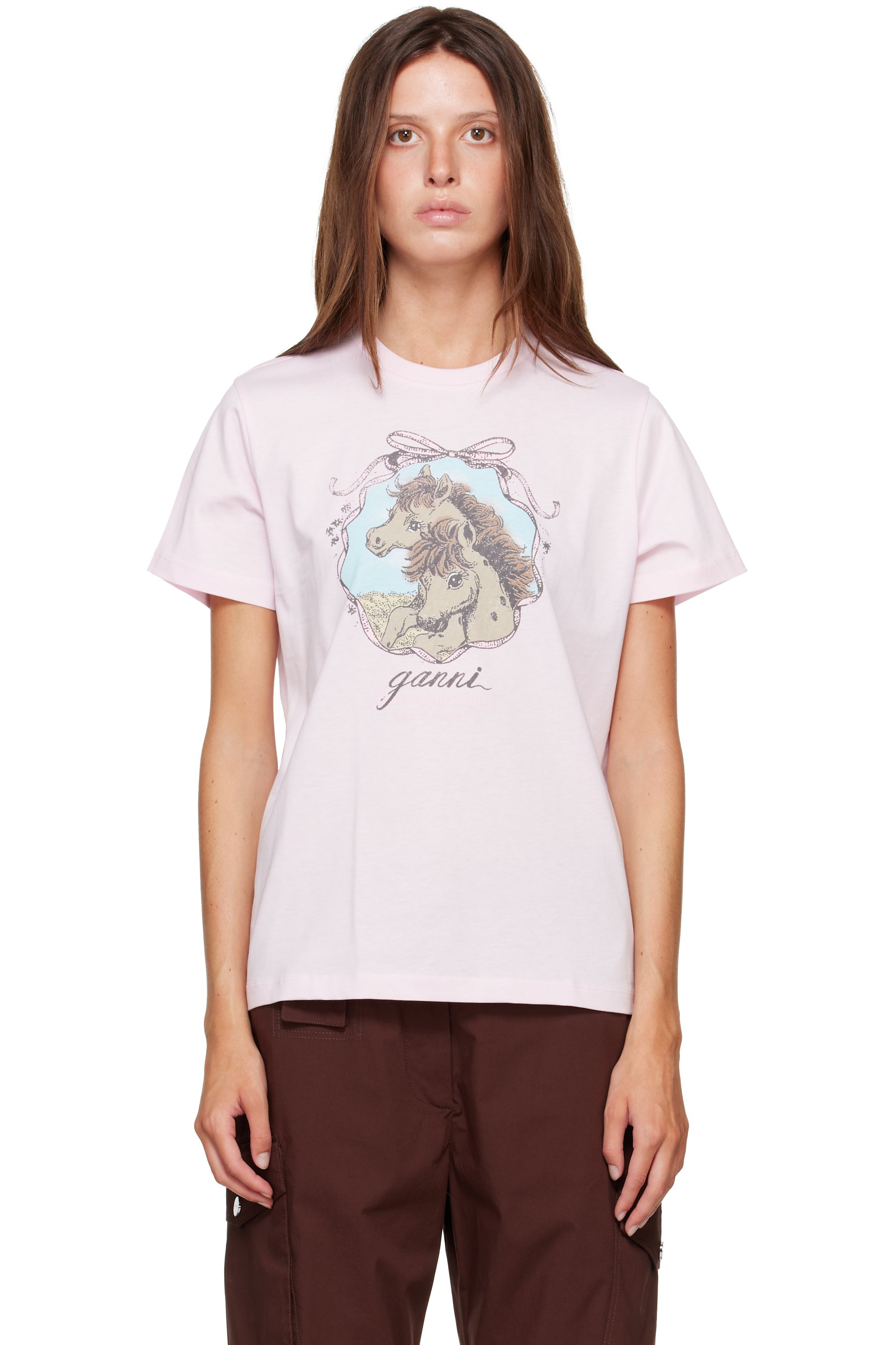 GANNI - Pink Horse Qixi Basic Cotton Jersey T-shirt
