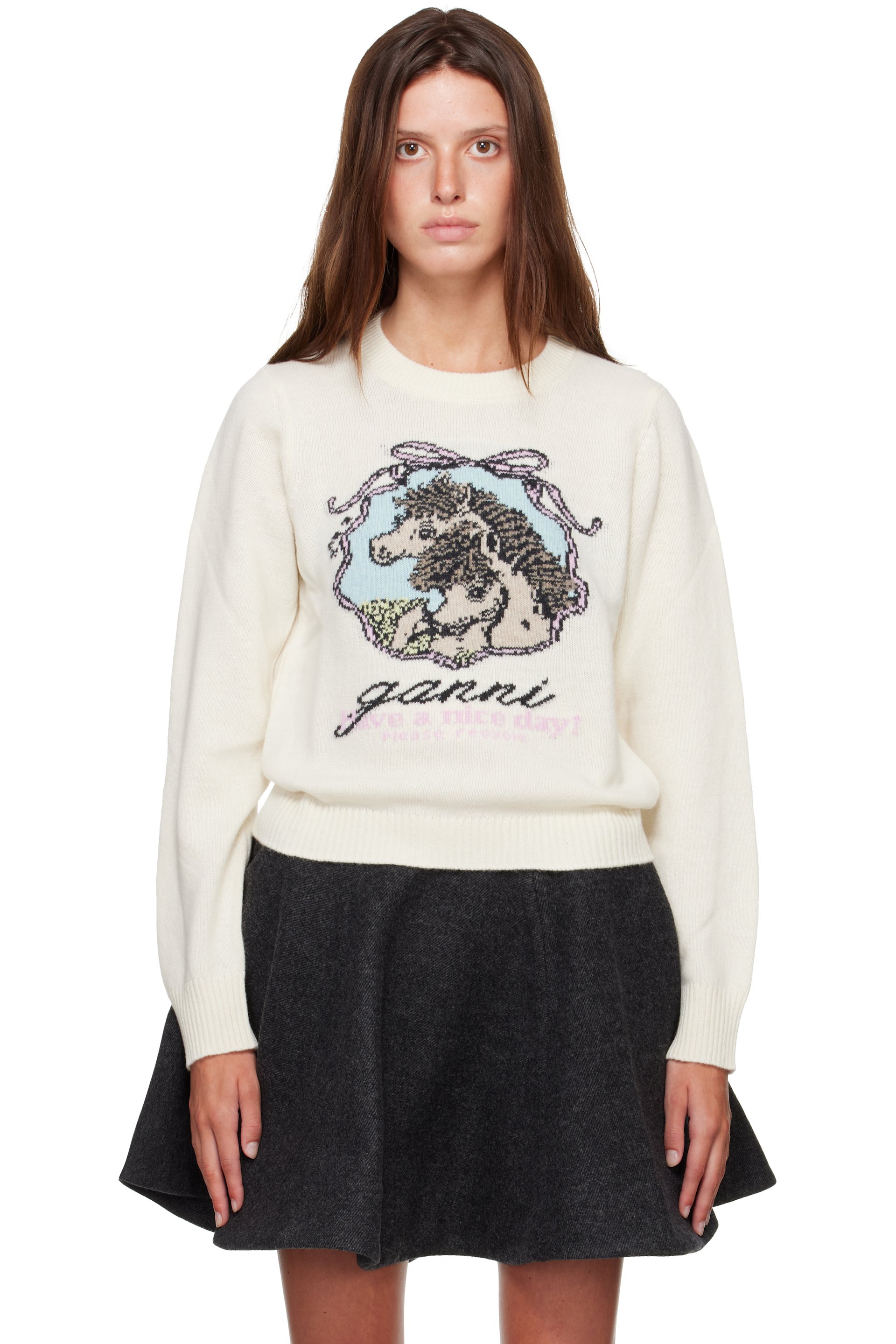 GANNI - Off-White Graphic Wool Horse Sweater