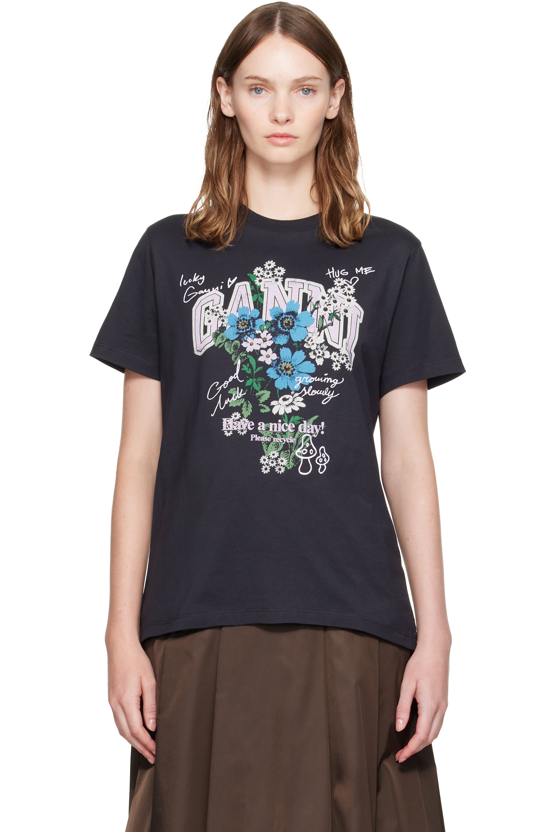 GANNI - Black Flowers T-shirt