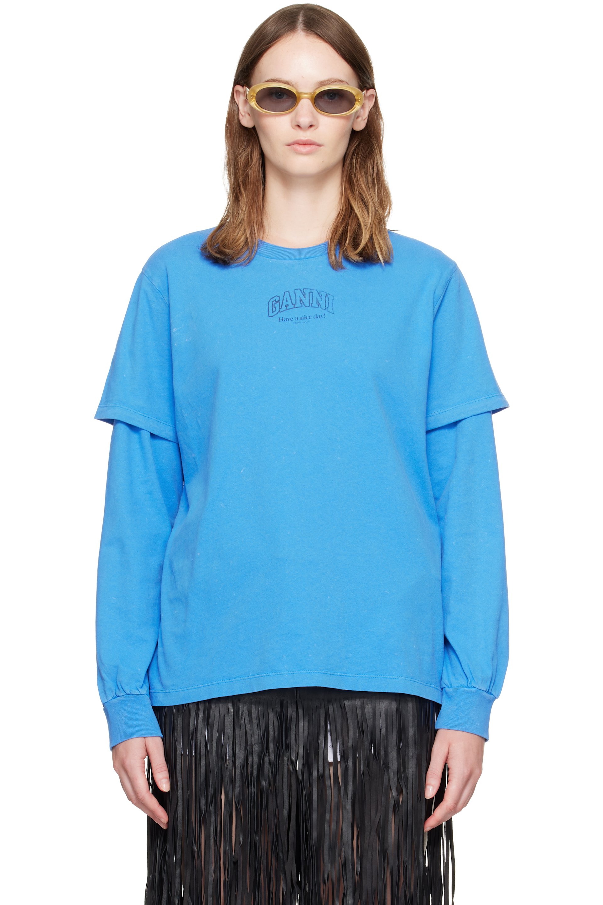 GANNI - Blue Future Heavy Jersey Double Sleeve T-shirt
