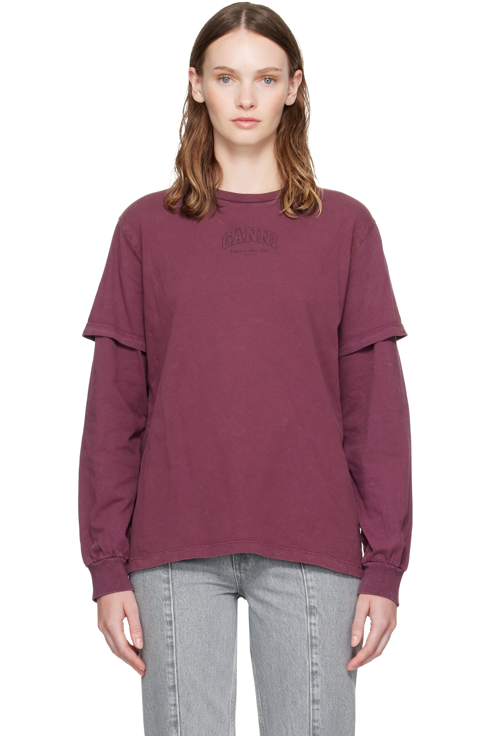 GANNI - Burgundy Future Heavy Jersey Double Sleeve T-shirt