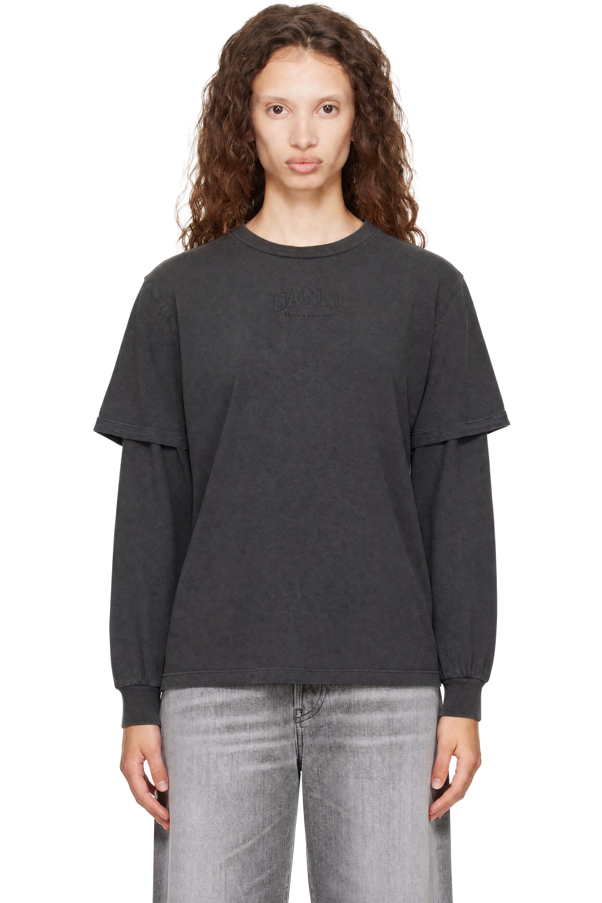 GANNI - T-shirt à manches longues étagé gris en jersey épais Future