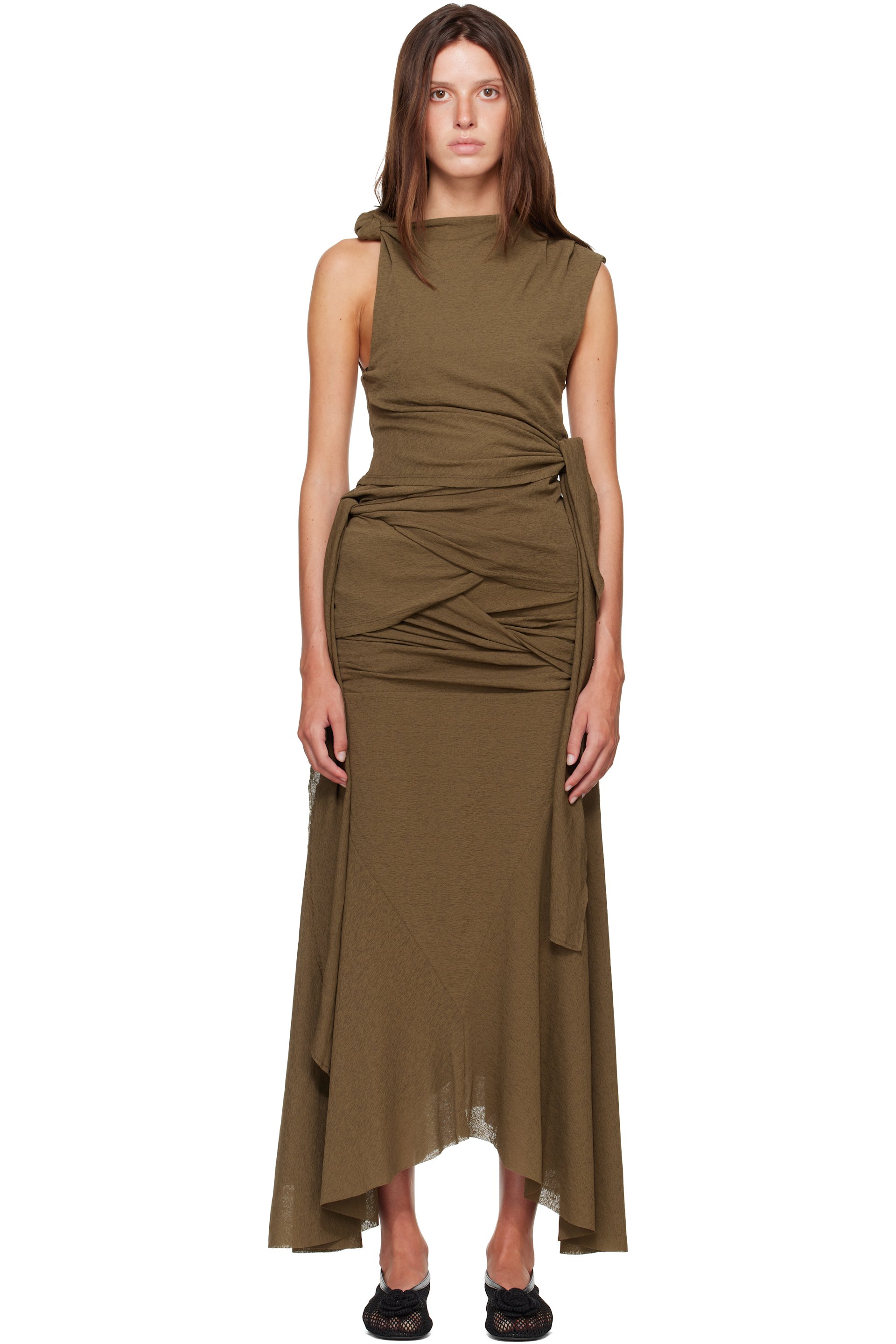 GANNI - Khaki Marl Mesh Tie Knot Top
