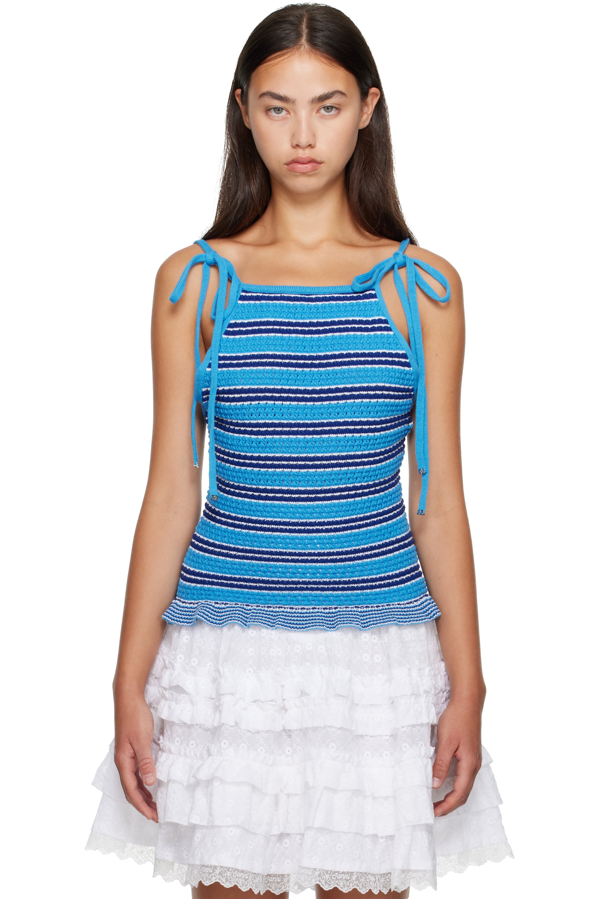 GANNI - Blue Striped Pointelle Top