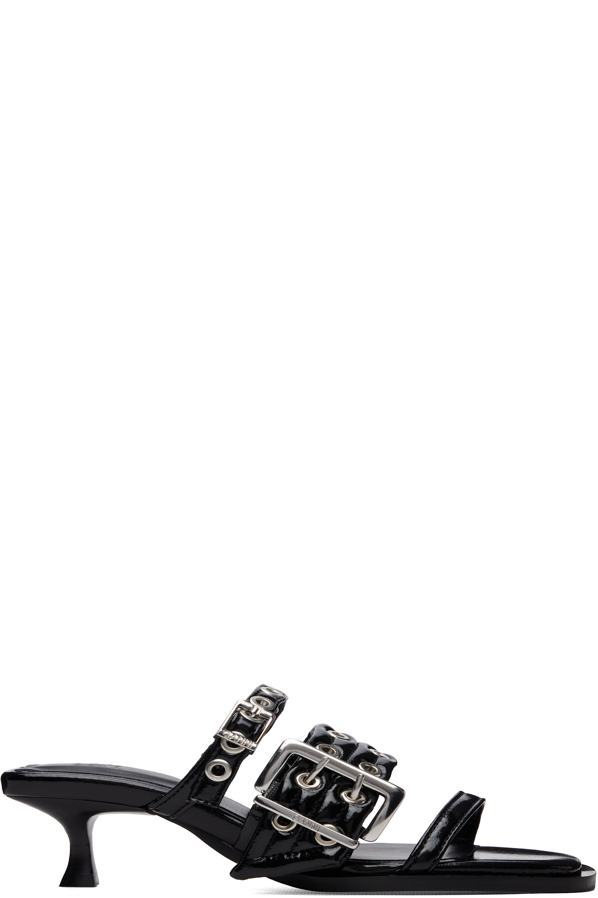 GANNI - Black Buckle Strap Mule Heeled Sandals