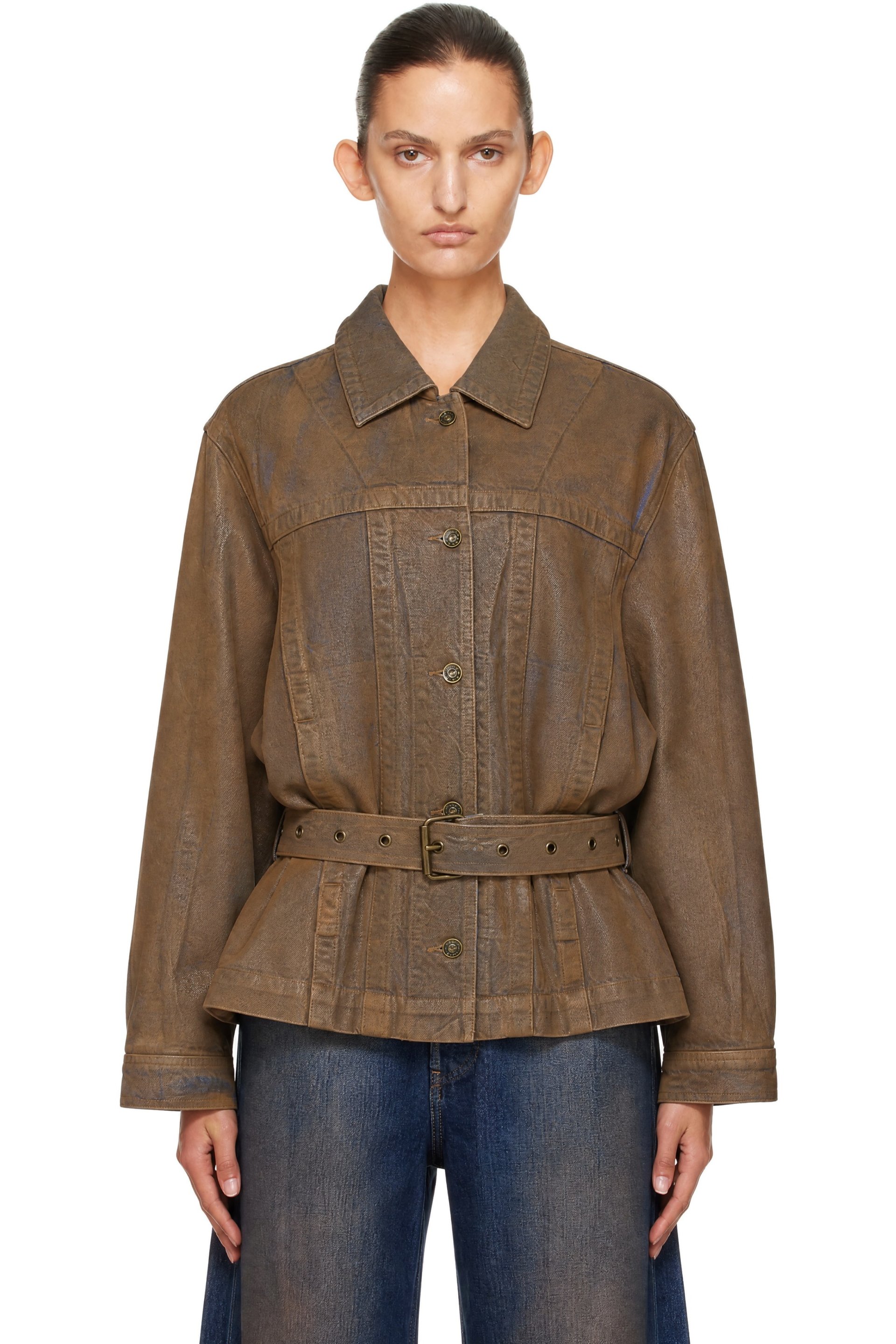 KNWLS - Brown Oversized Gloss Coated Denim Jacket