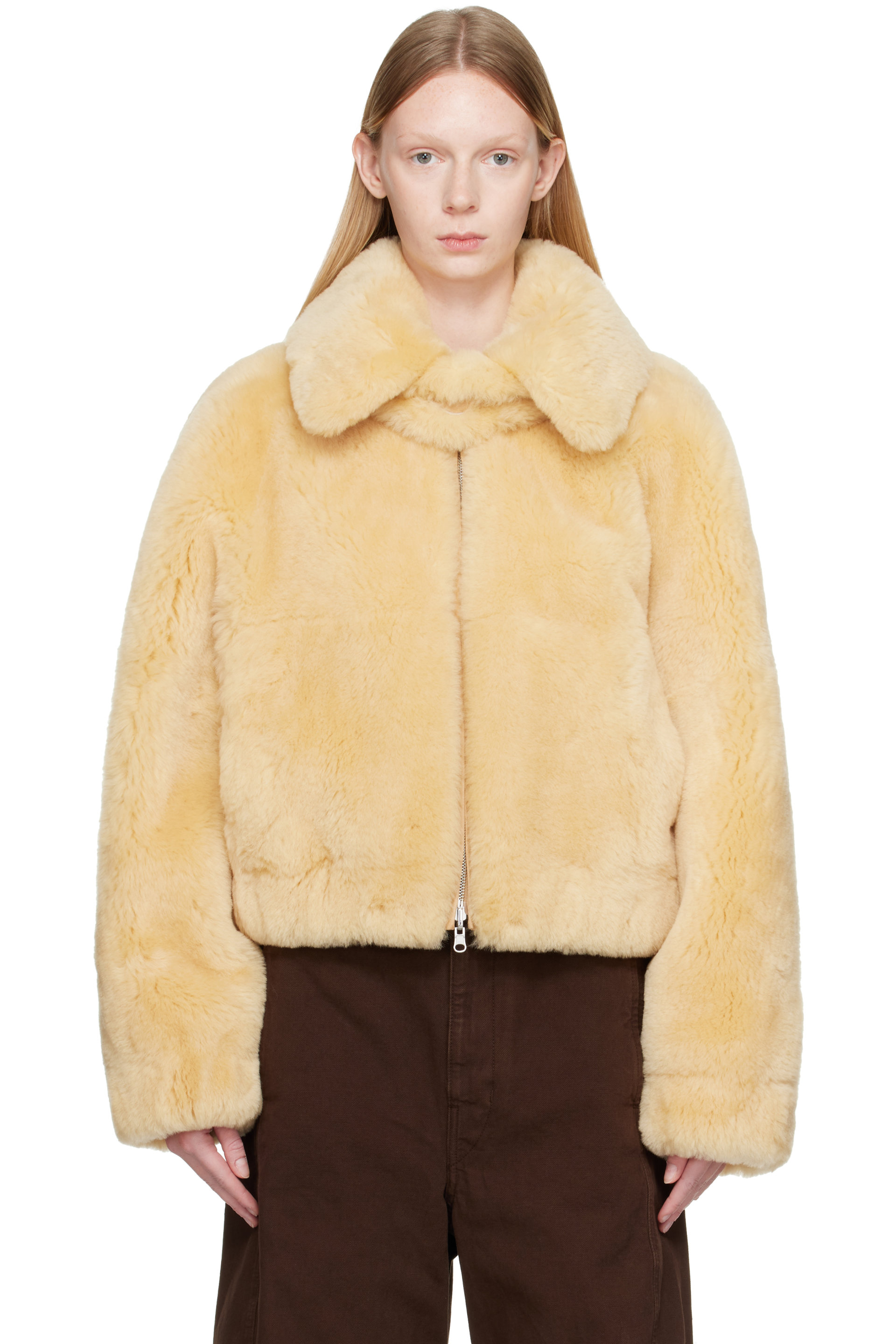 Helmut Lang - Beige Reversible Shearling Bomber Jacket