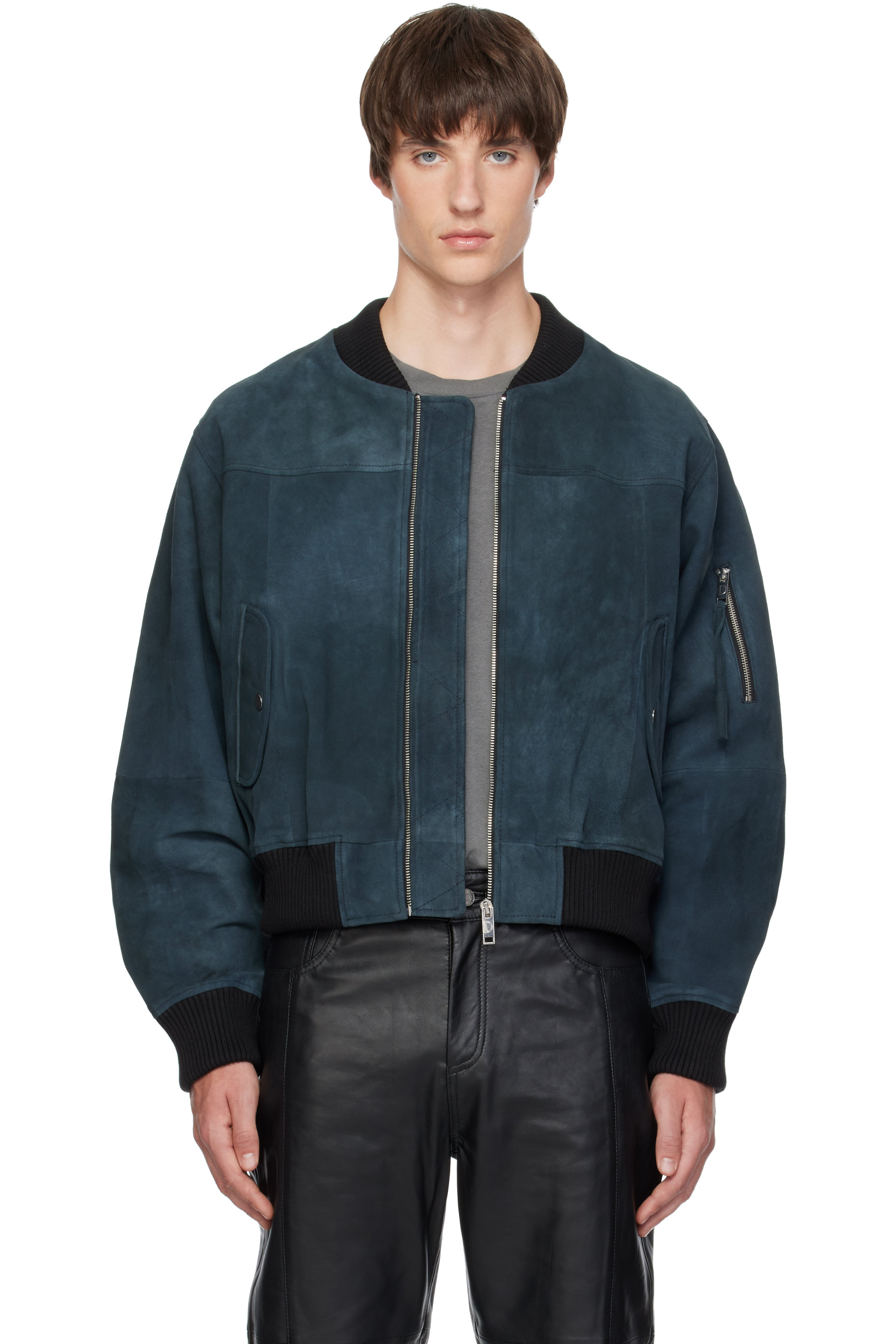 Deadwood - Blouson aviateur Bofinger bleu marine en suède à panneaux