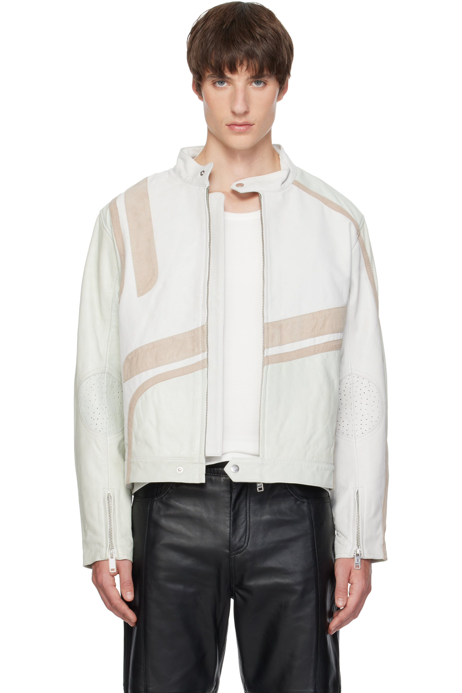 Deadwood - Blouson motard Hiro blanc cassé en cuir