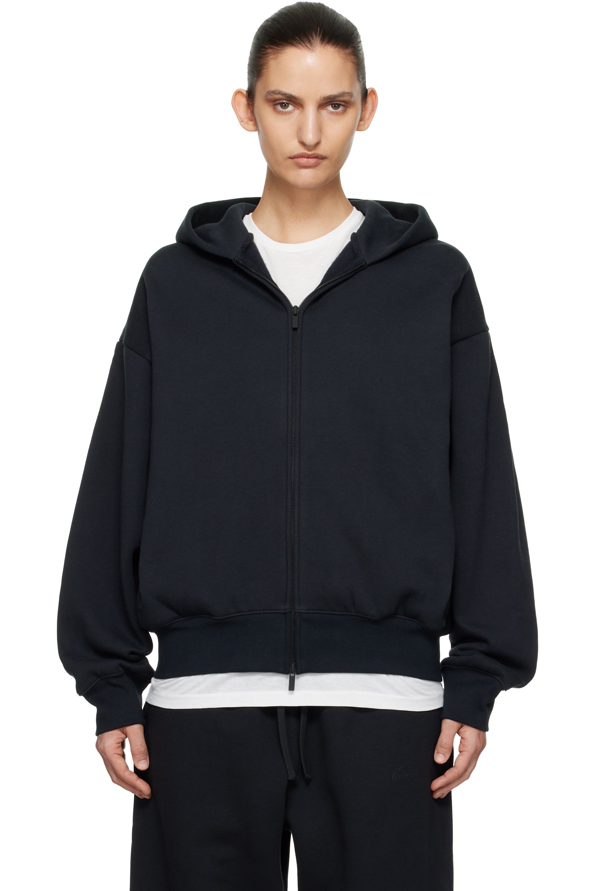 Fear of God ESSENTIALS - Pull à capuche noir à coupe classique et à glissière