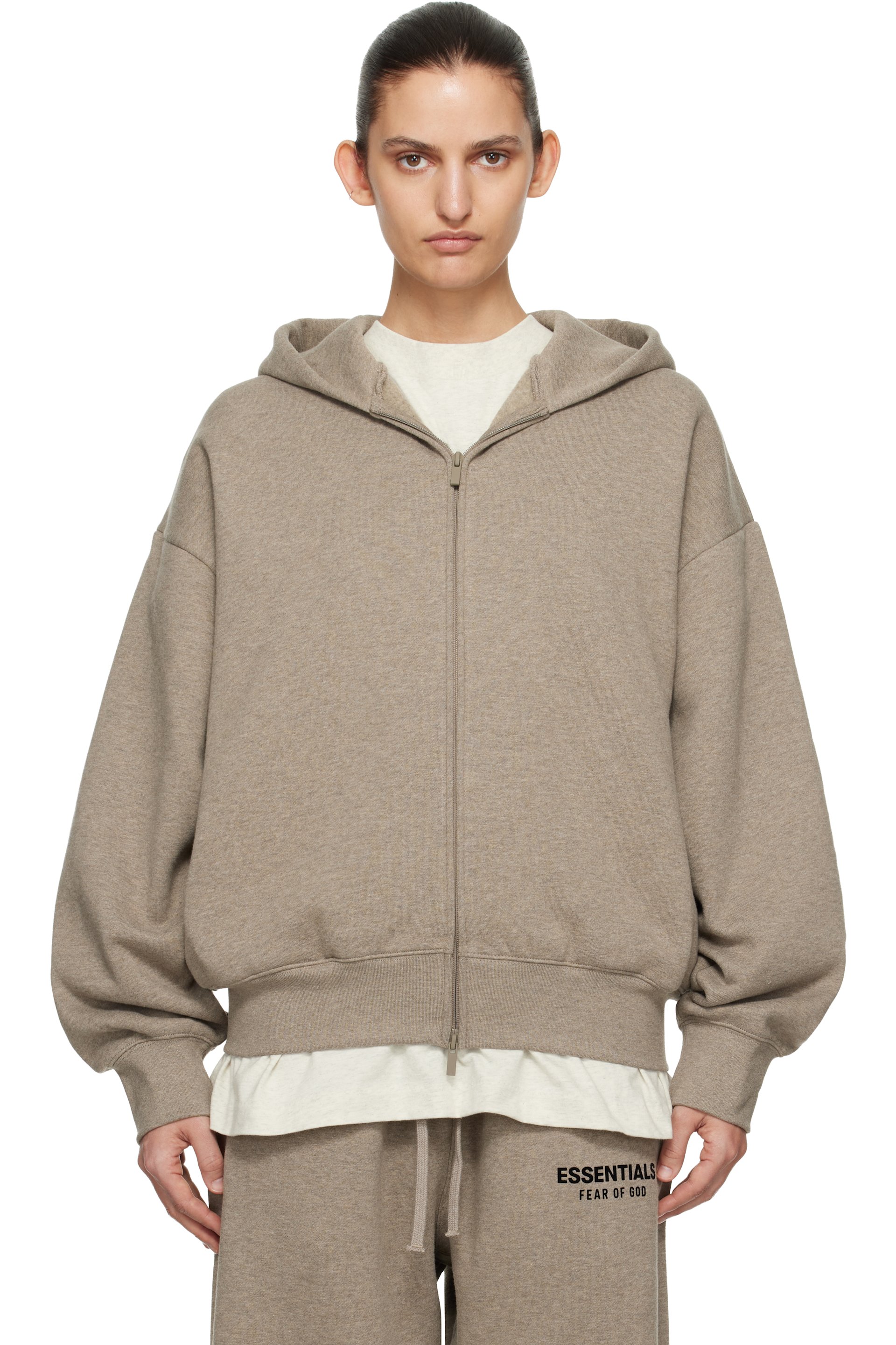 Fear of God ESSENTIALS - Pull à capuche beige à coupe classique et à glissière