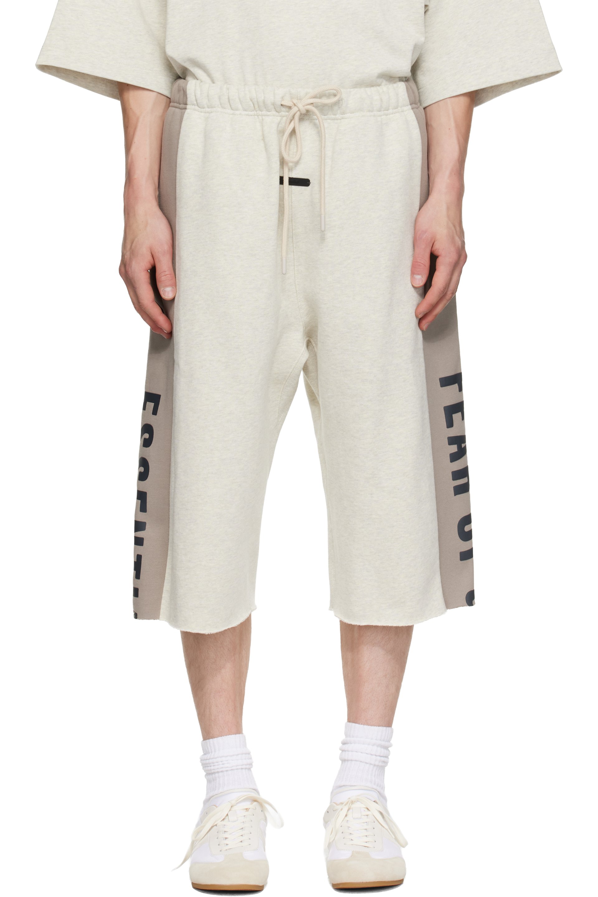Fear of God ESSENTIALS - Beige & Gray Panelled Raw Cut Off Sweat Shorts
