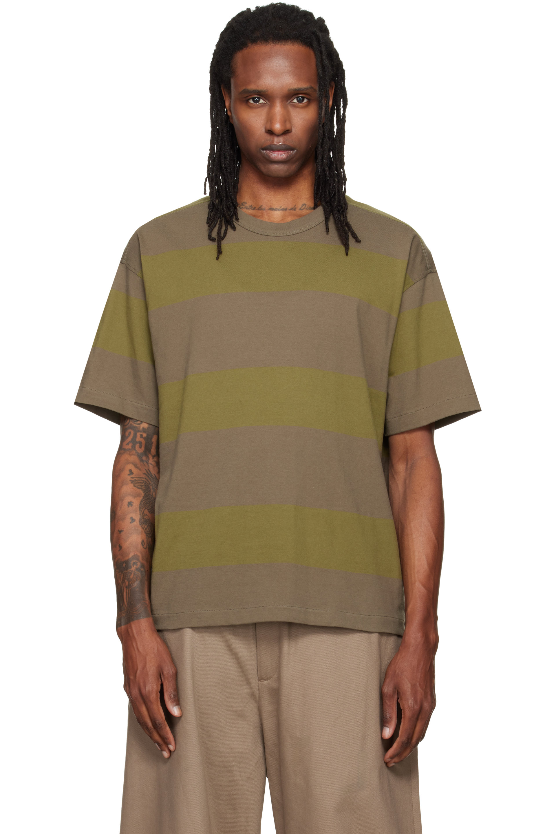 YMC - 卡其色 & 绿色 Triple Stripe T 恤