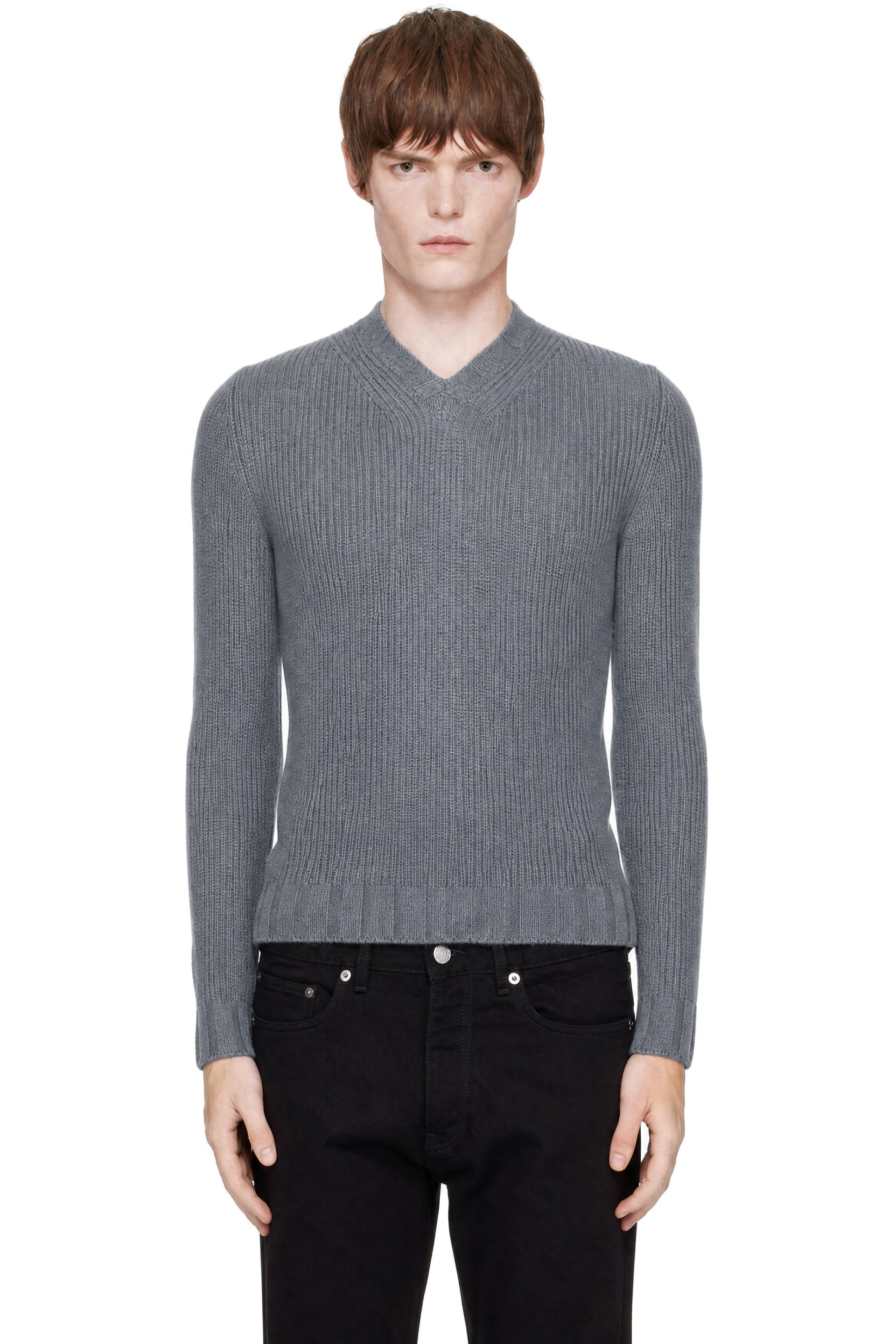 Carter Young - Pull gris en laine à col en V