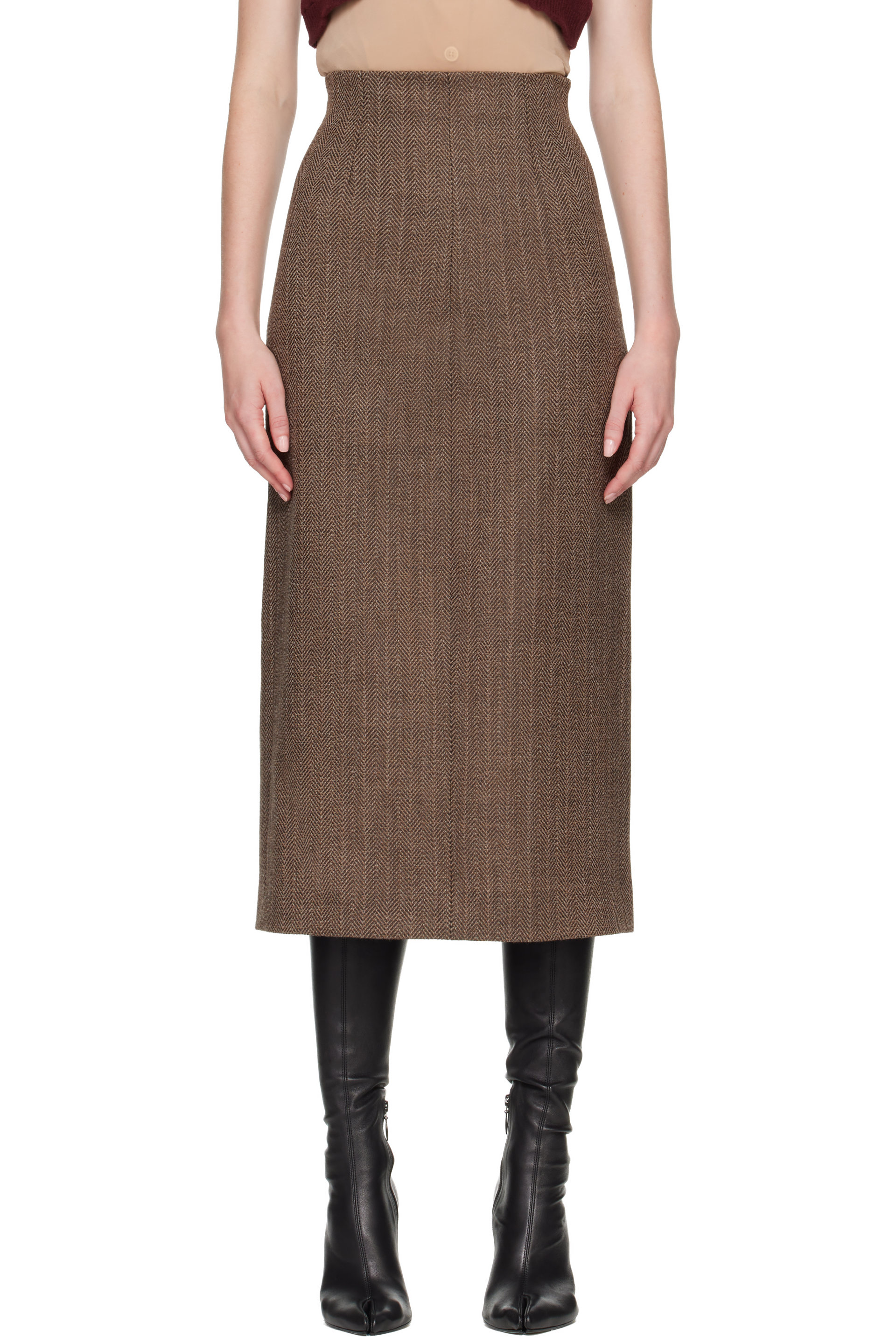 Maison Margiela - Brown Herringbone Virgin Wool Midi Skirt