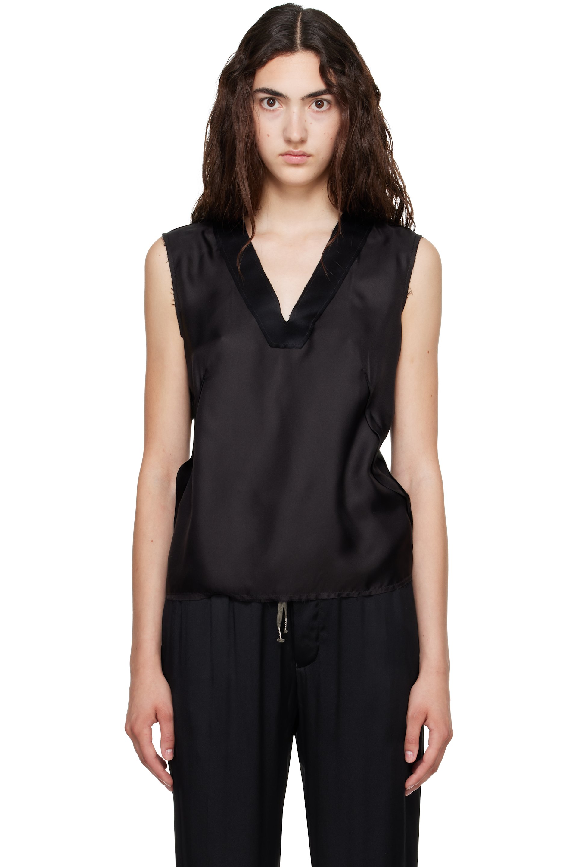 Maison Margiela - Black Silk V-Neck Top