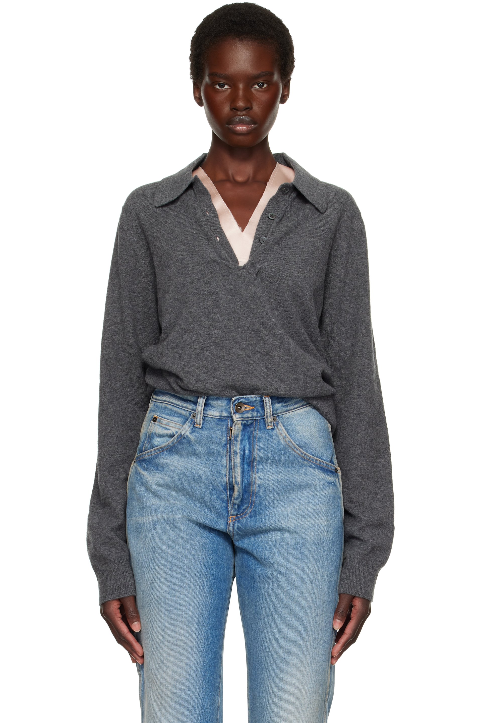 Maison Margiela - Gray Draped Collar Wool Polo