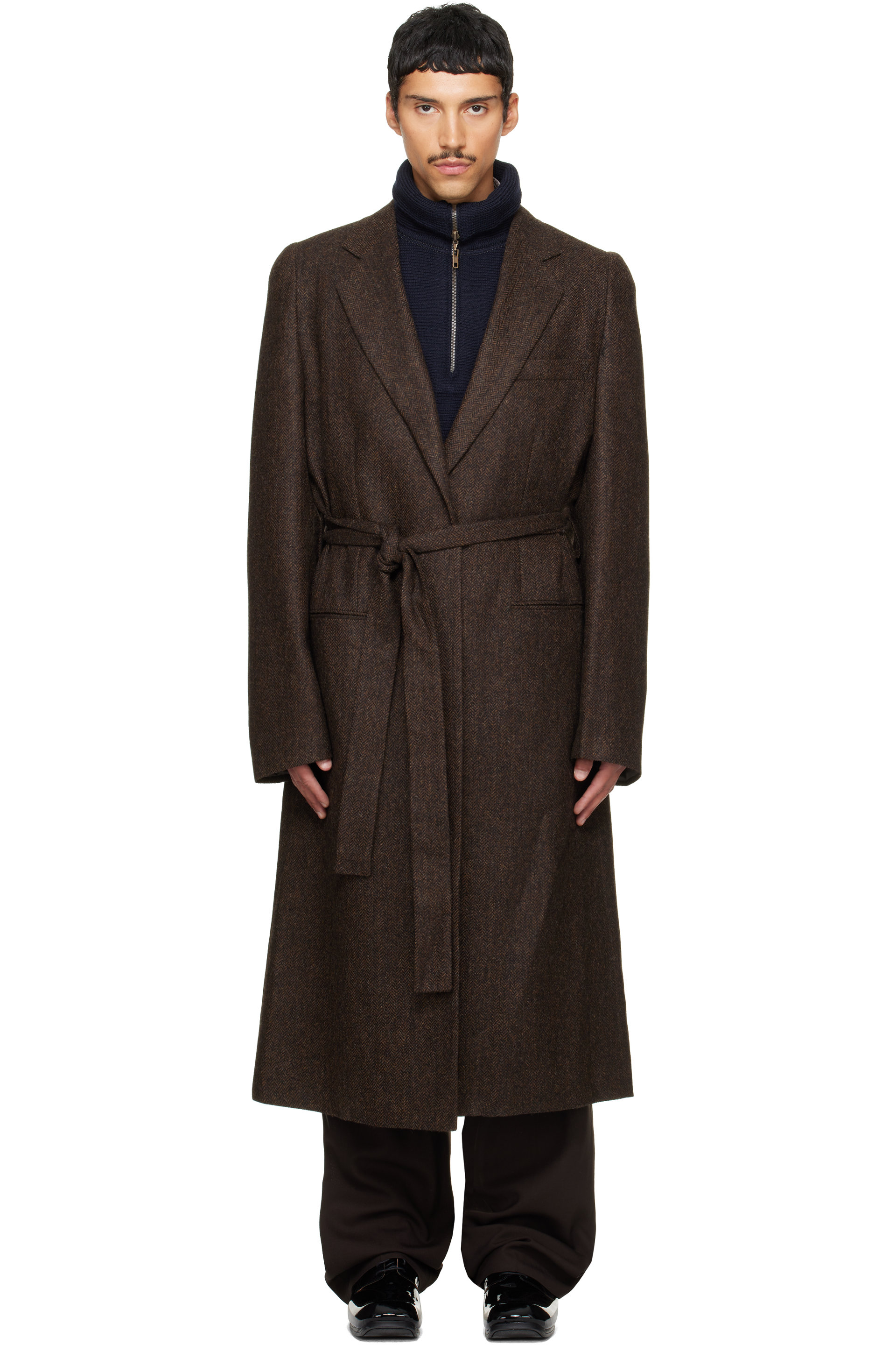 Maison Margiela - Brown Belted Herringbone Wool Coat