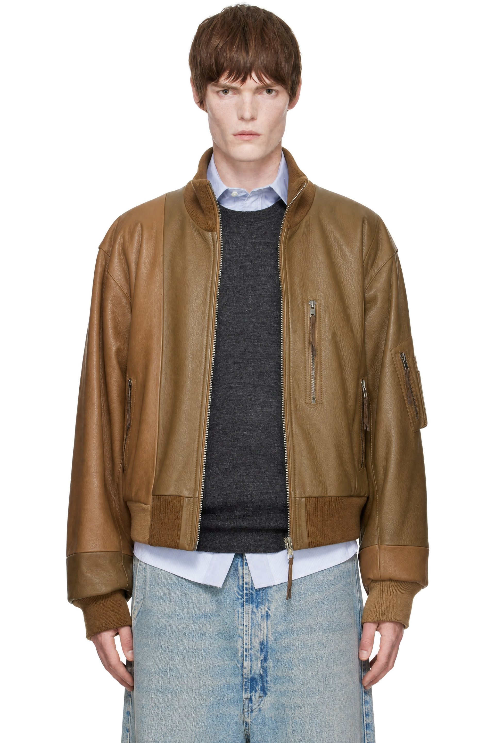 Maison Margiela - Tan Spliced Leather Bomber Jacket