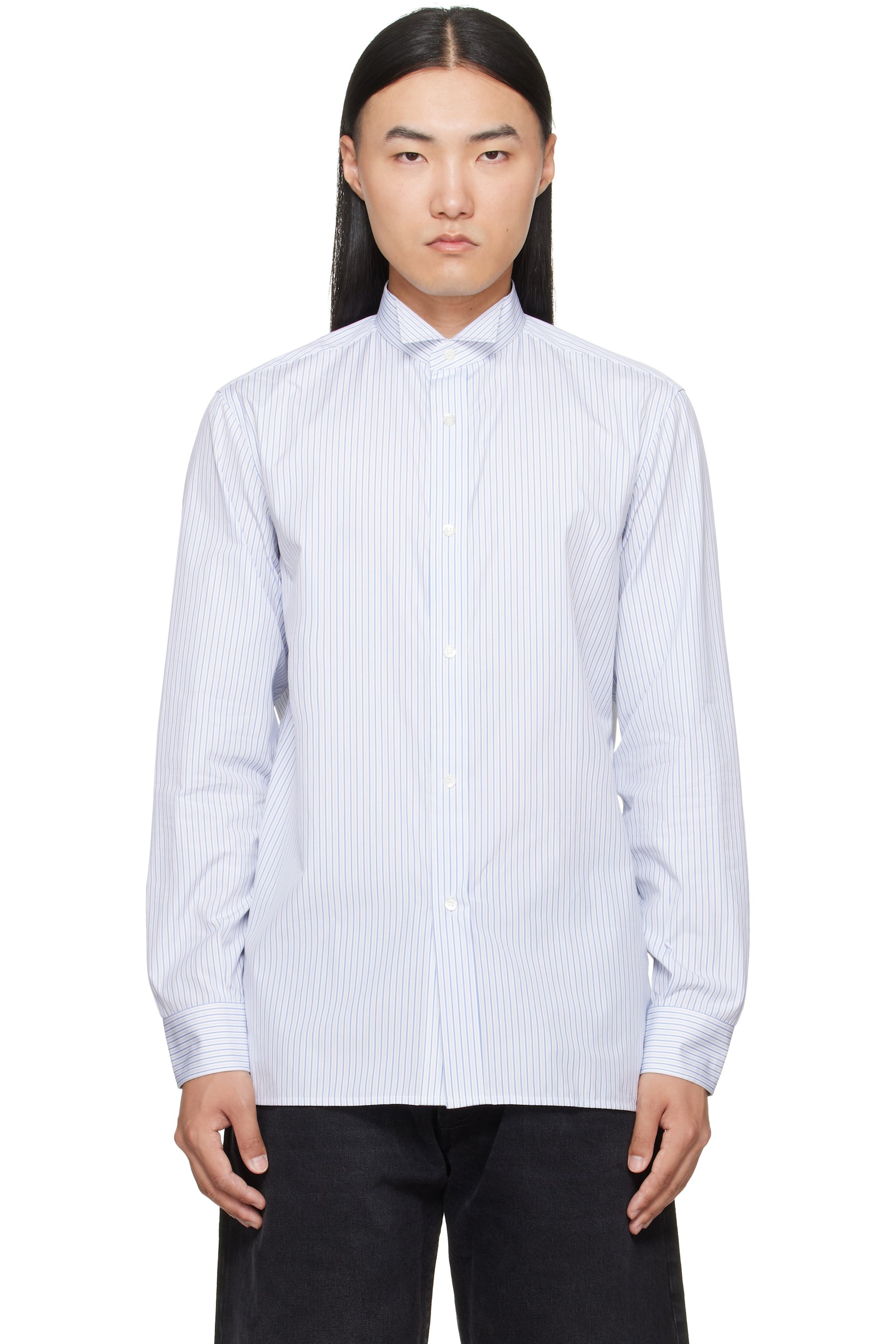 Maison Margiela - White & Blue Striped Cotton Shirt