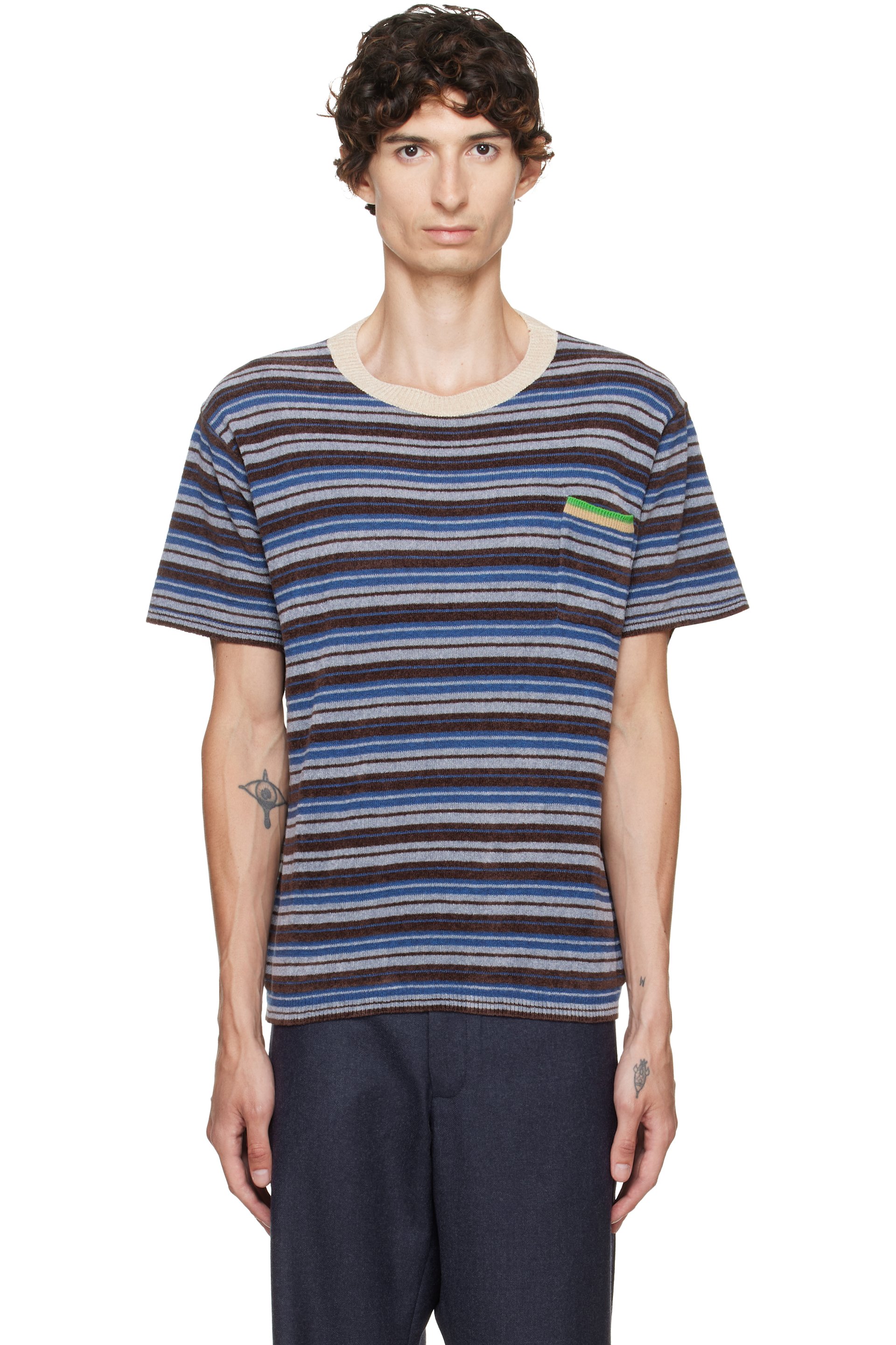 Maison Margiela - Blue Striped Wool Crewneck T-shirt