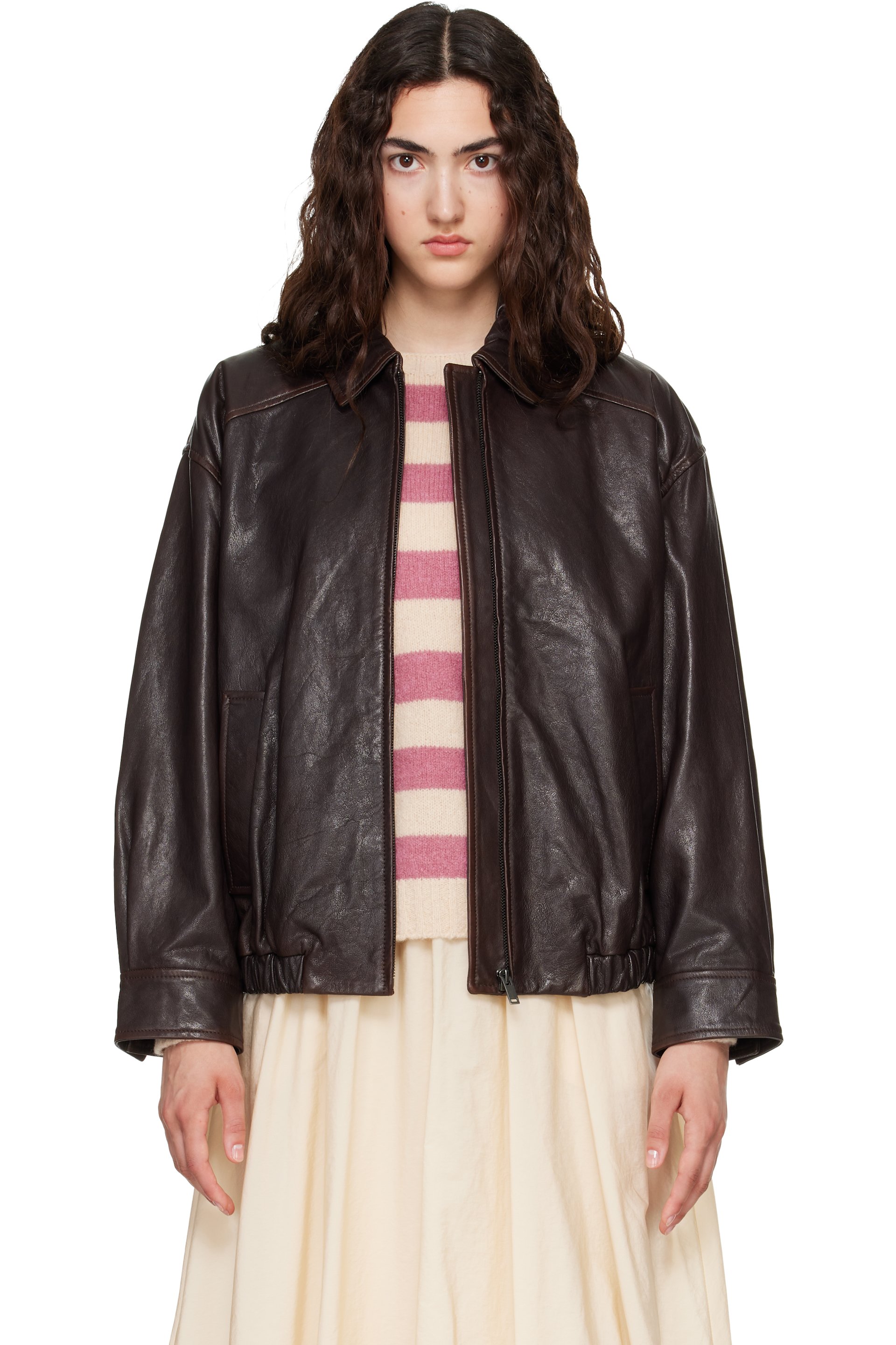 Weekend Max Mara - Brown Cose Leather Bomber Jacket
