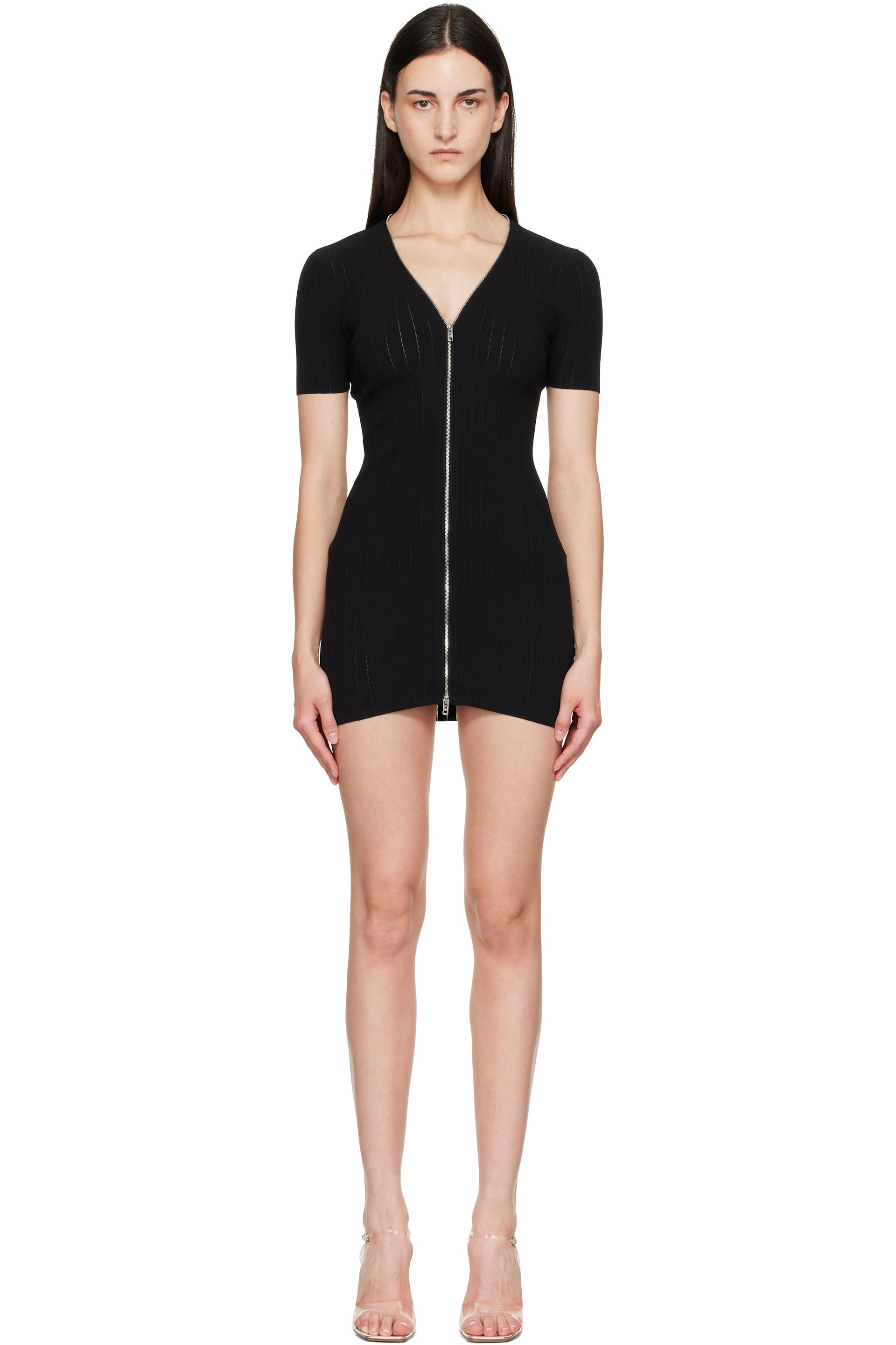 Alexander Wang - White V-Neck Short Sleeve Pointelle Zip Minidress