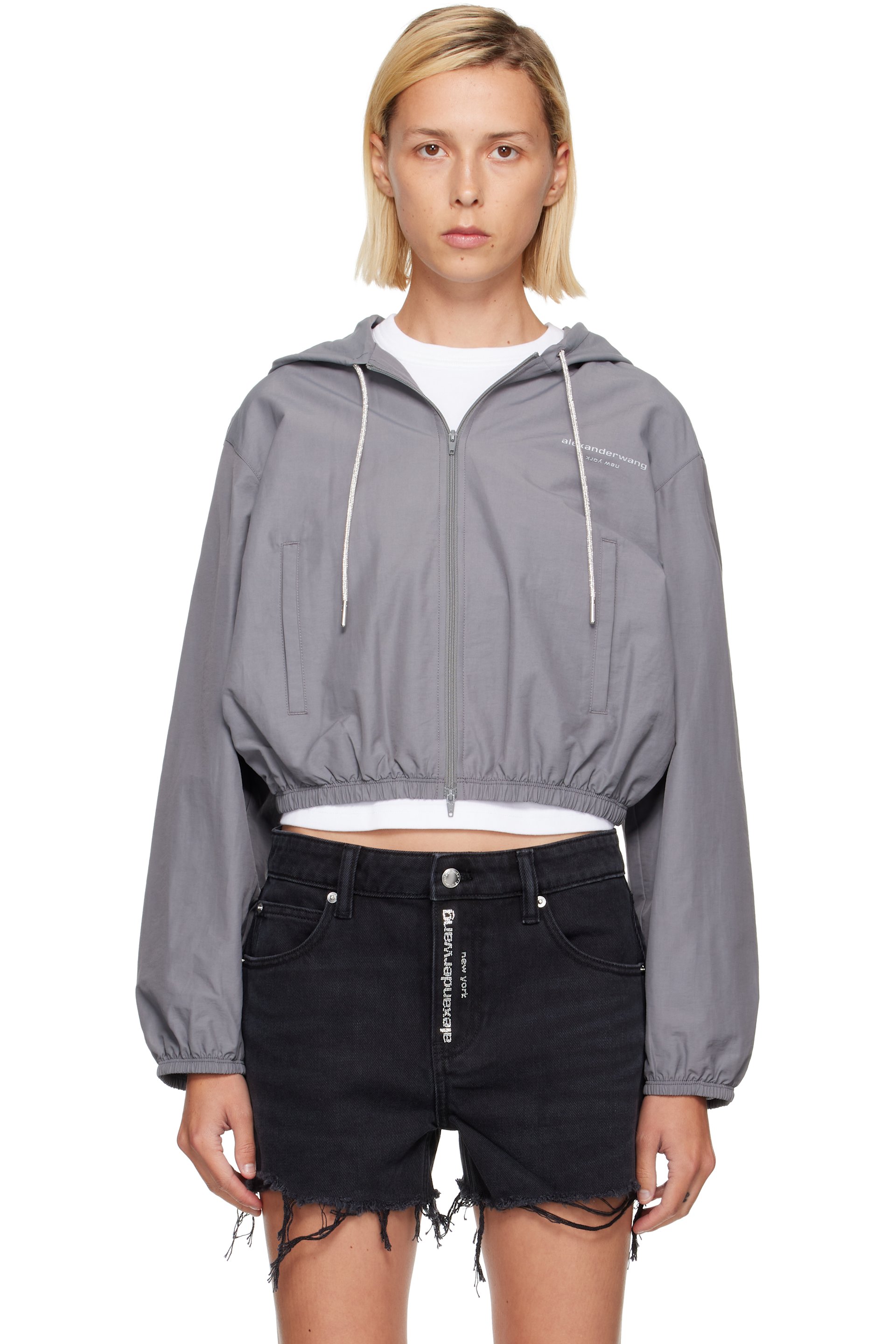 Alexander Wang - Blouson rétréci gris à capuche et à pierres du Rhin