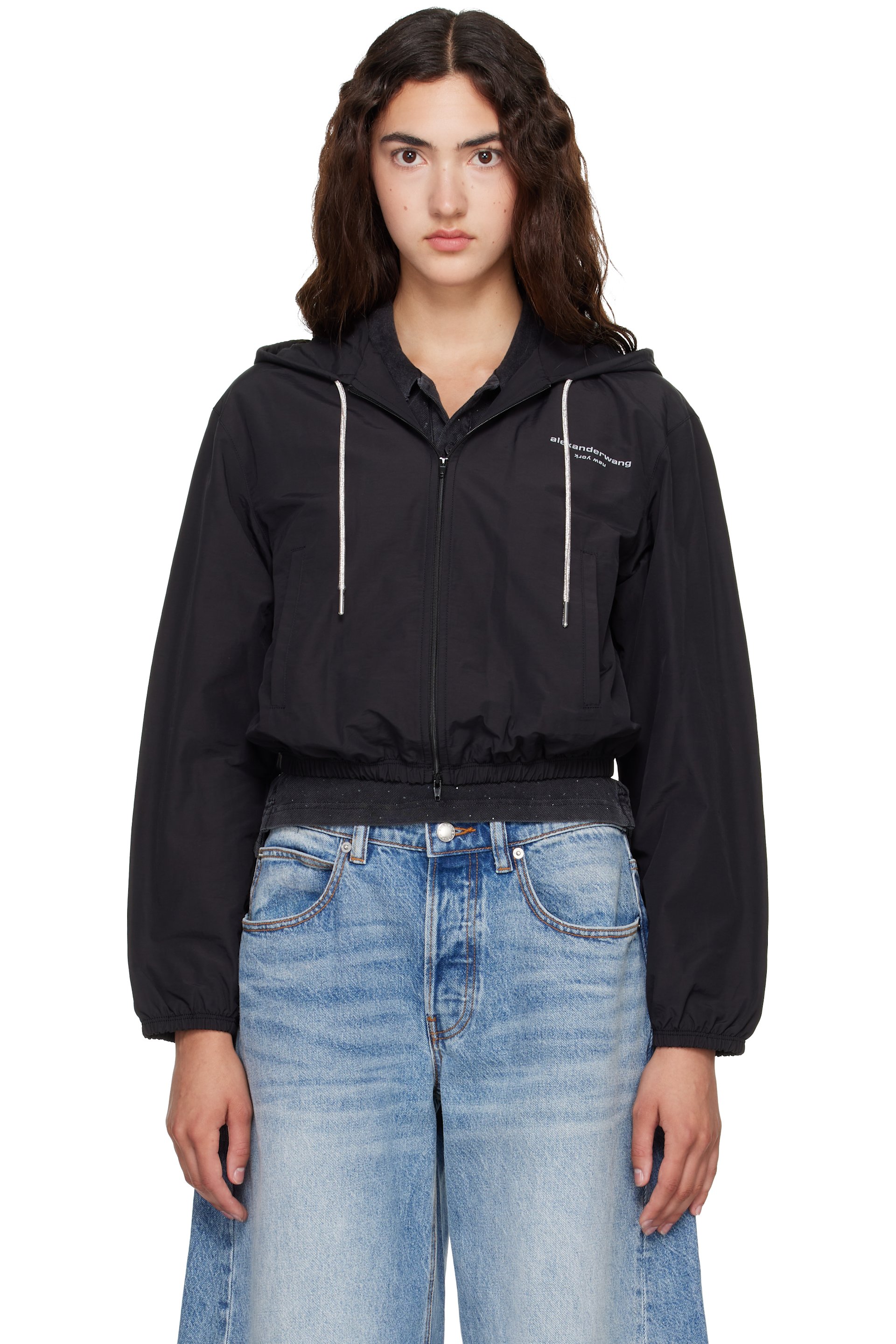 Alexander Wang - Black Crystal Hotfix Drawcord Cropped Zip-Up Hoodie