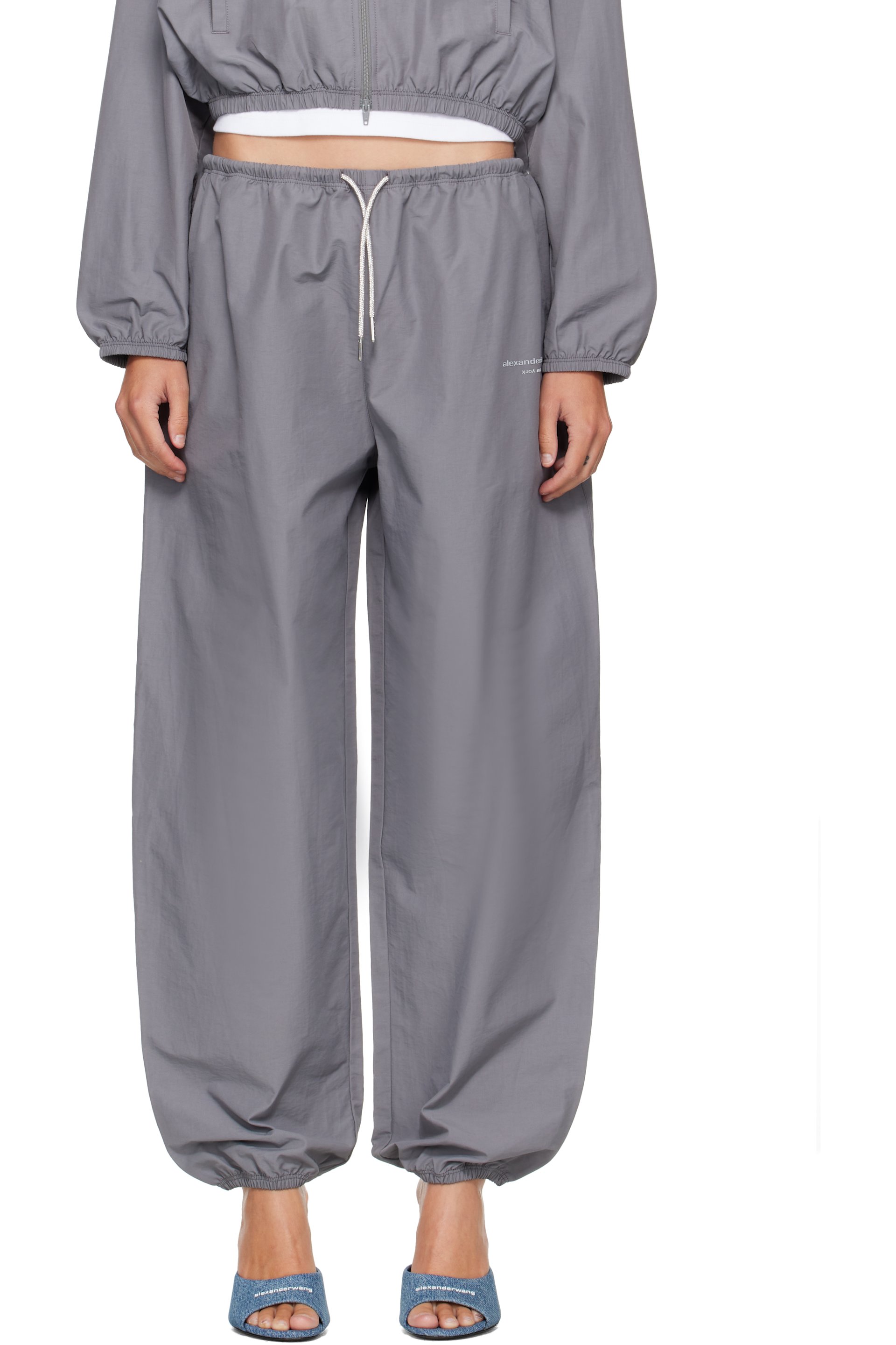 Alexander Wang - Gray Mid-Rise Rhinestone Drawcord Track Pants