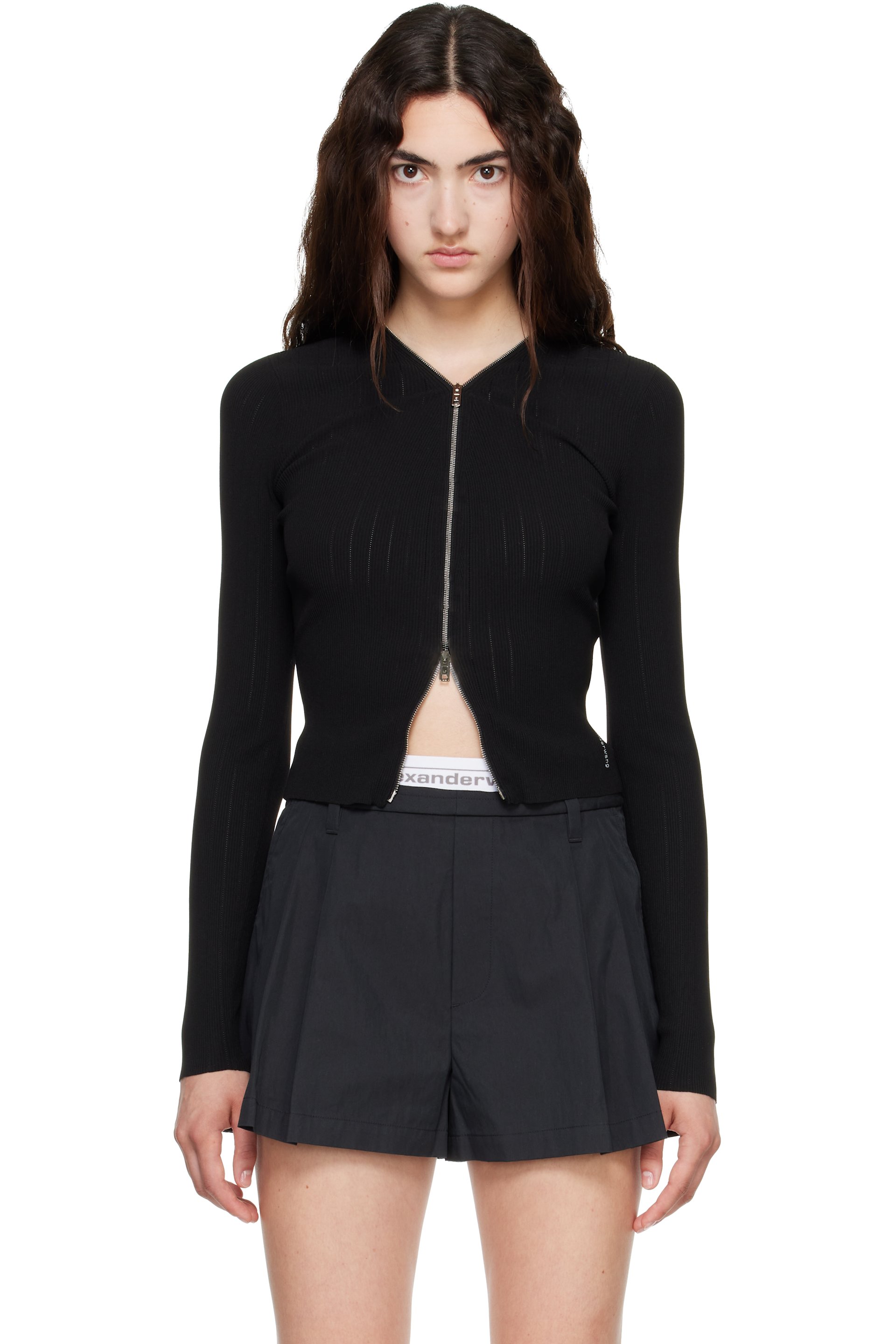 Alexander Wang - Black V-Neck Pointelle Cardigan